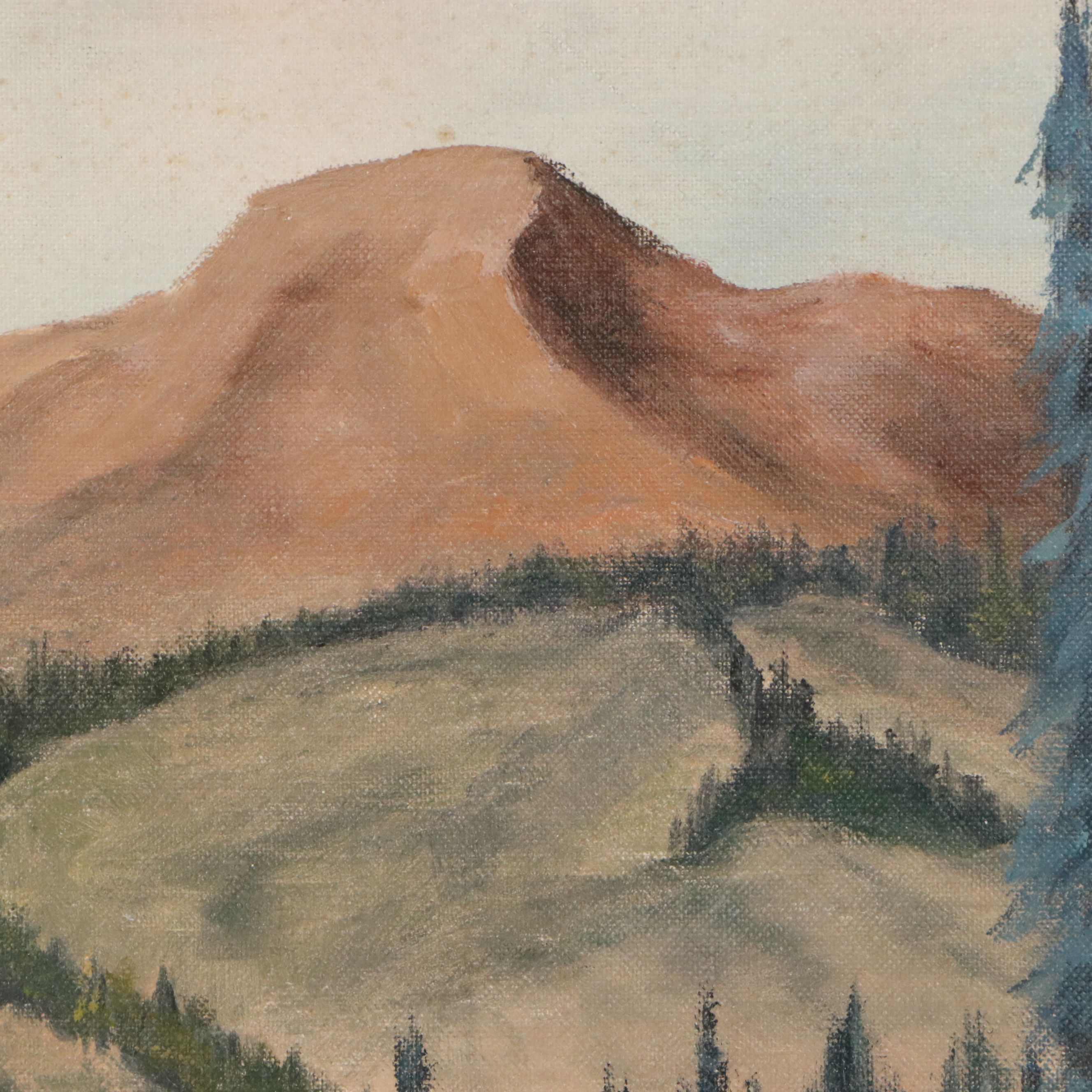 American School Landscape Oil Painting with Elk, Circa Mid- 20th Century