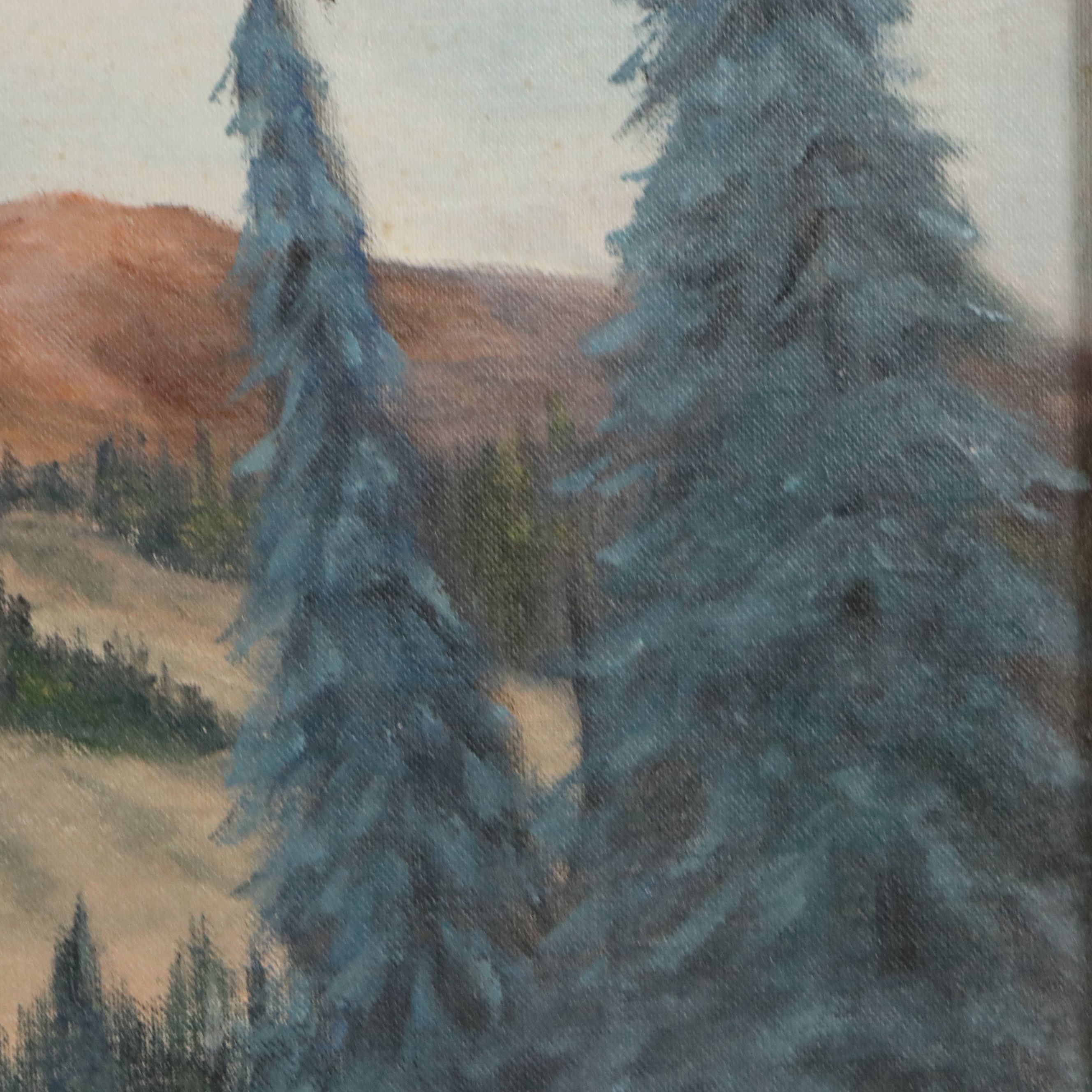 American School Landscape Oil Painting with Elk, Circa Mid- 20th Century