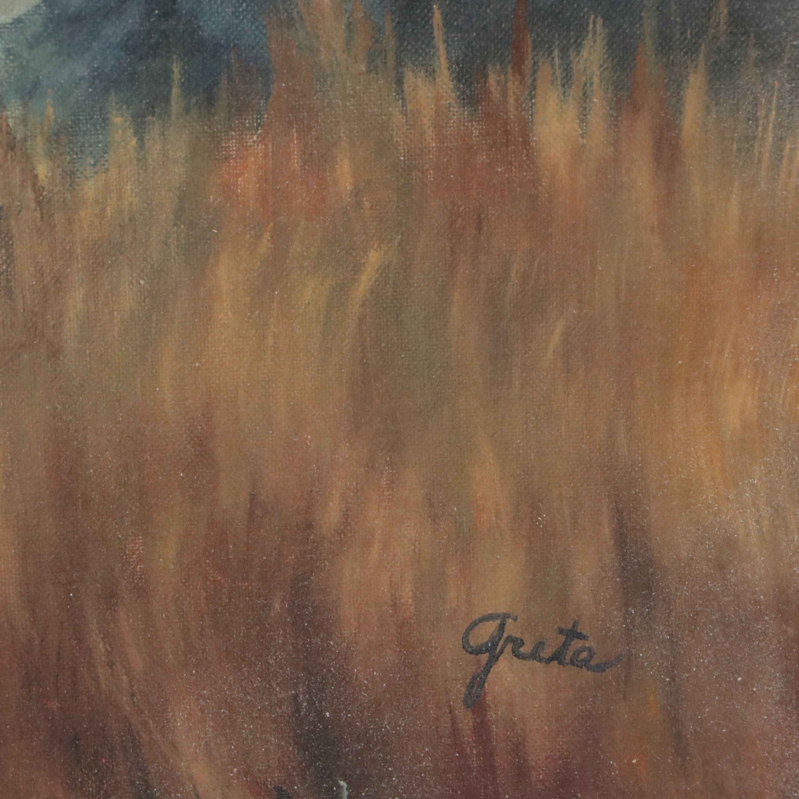 American School Landscape Oil Painting with Elk, Circa Mid- 20th Century