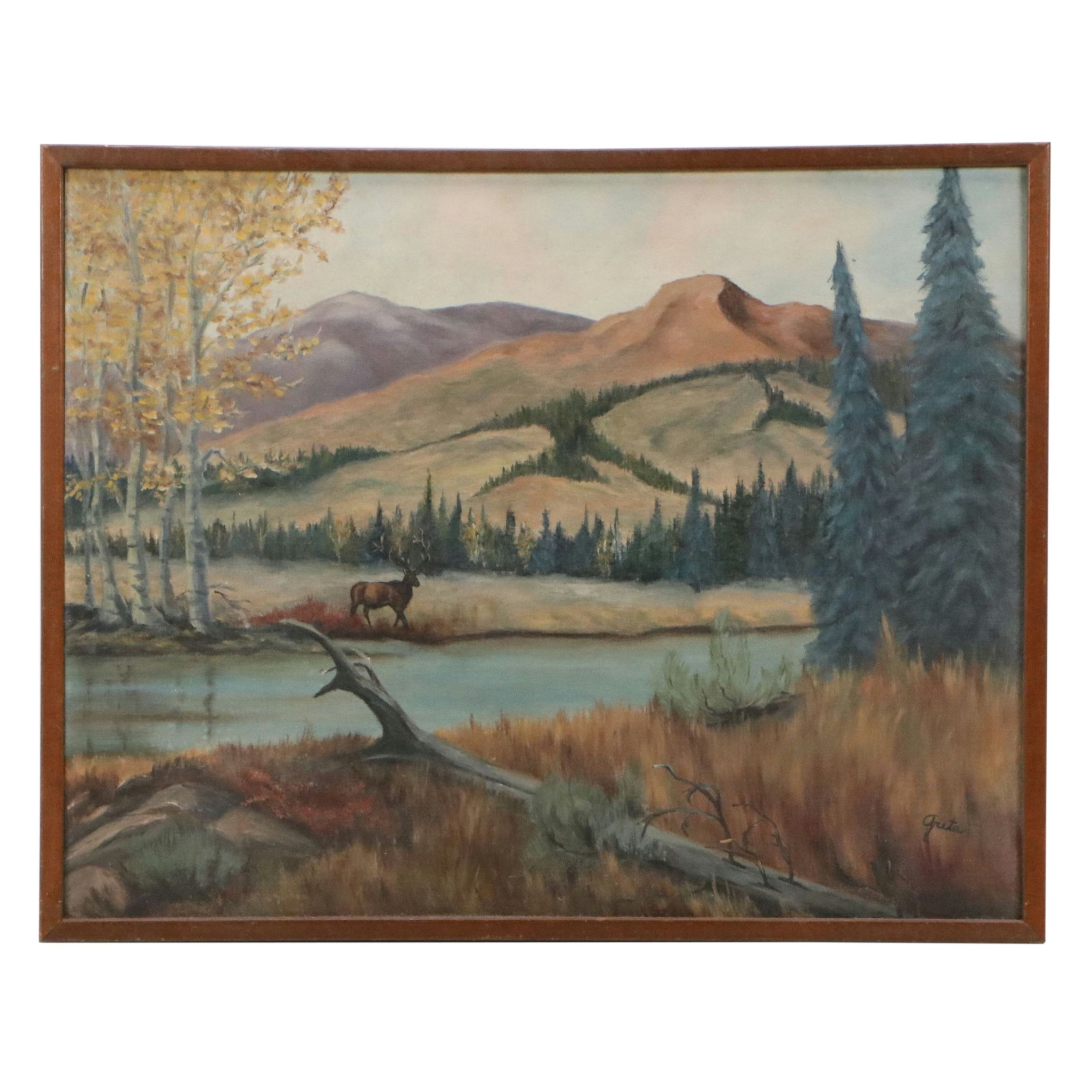 American School Landscape Oil Painting with Elk, Circa Mid- 20th Century