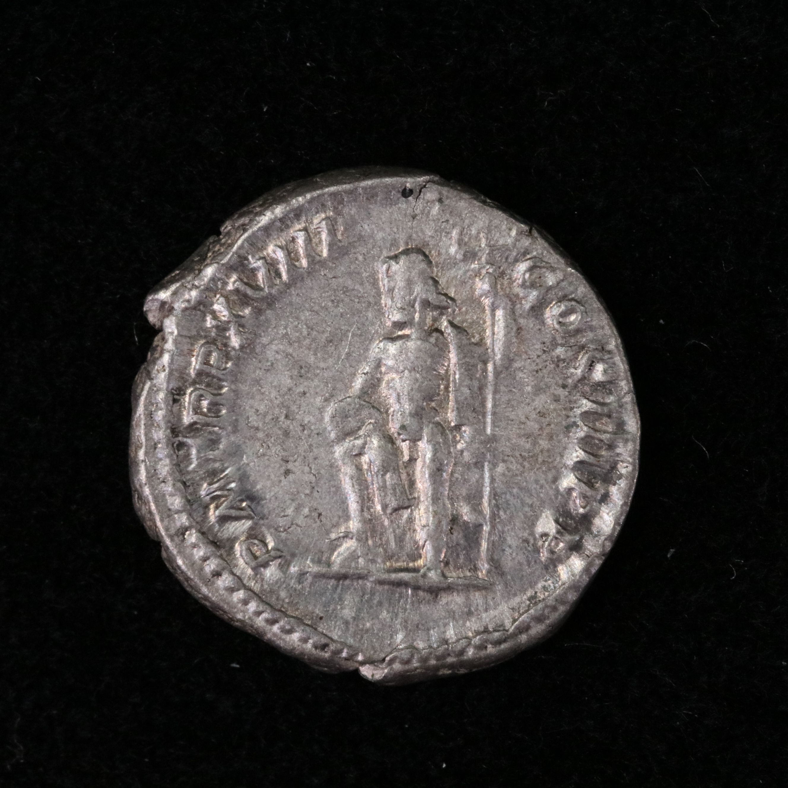 Ancient Roman Imperial AR Denarius Coin of Septimius Severus, ca. 209 A.D.