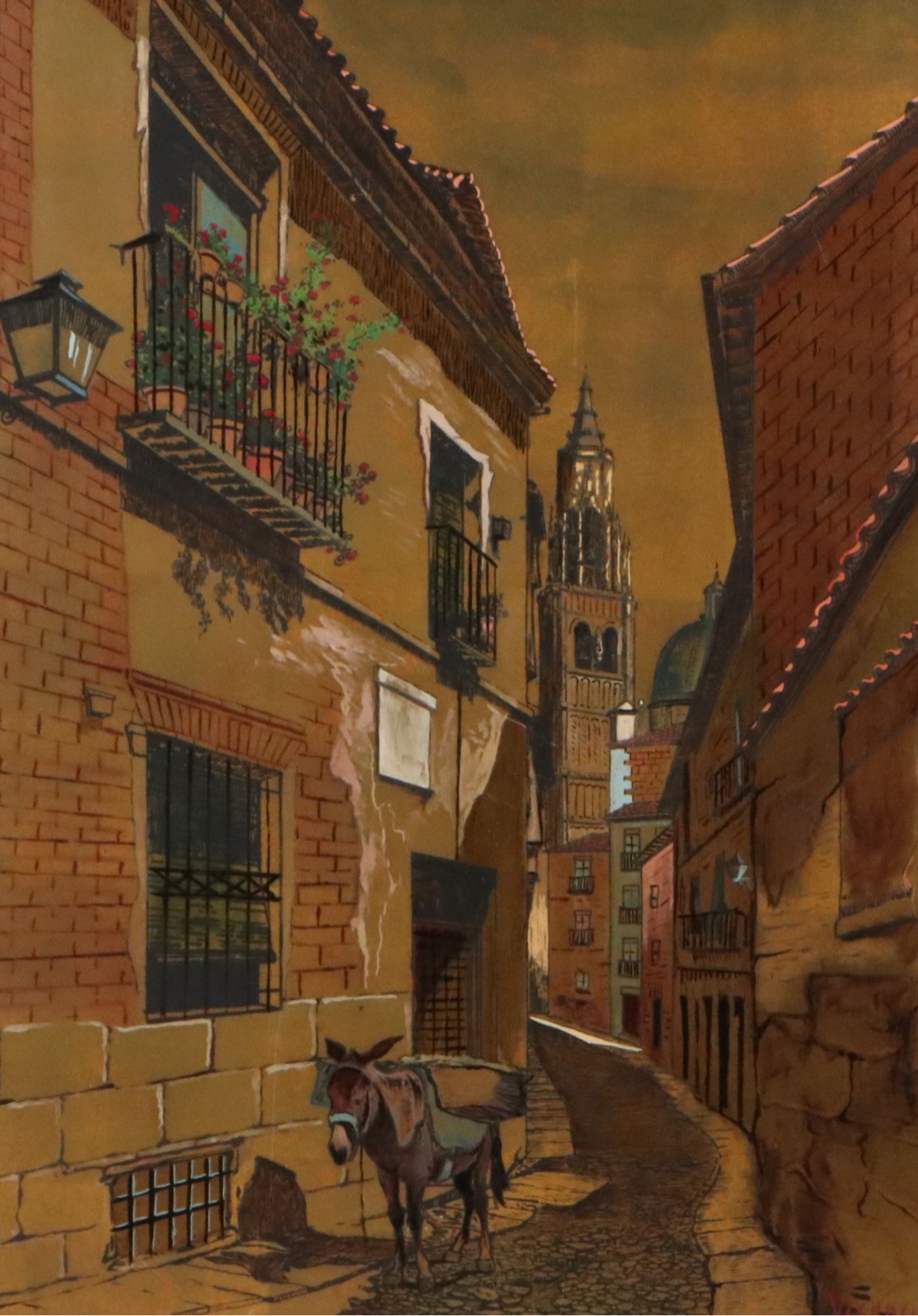 Cityscape Gouache Painting on Metal Panel of Toledo, Spain, 20th Century