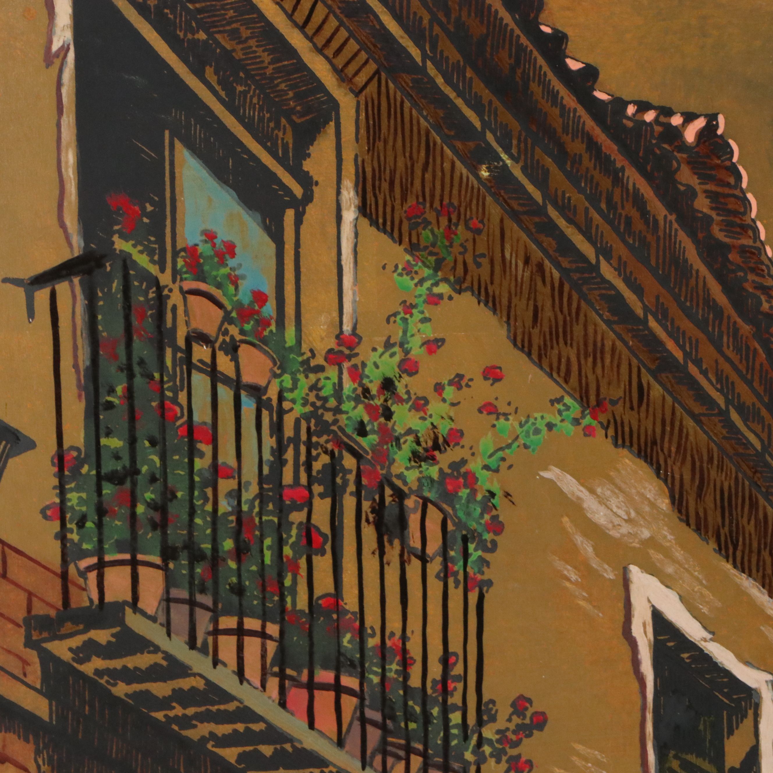 Cityscape Gouache Painting on Metal Panel of Toledo, Spain, 20th Century