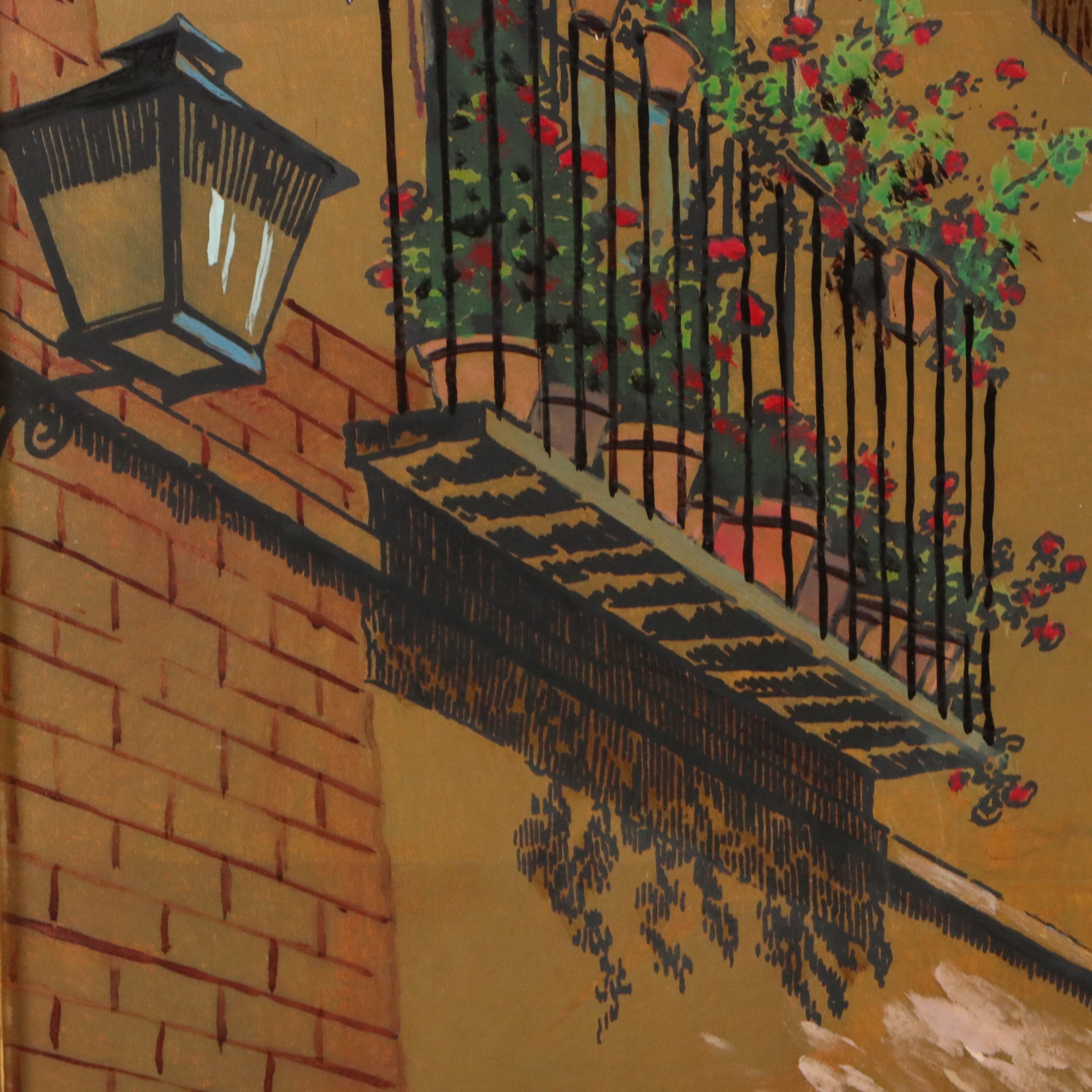 Cityscape Gouache Painting on Metal Panel of Toledo, Spain, 20th Century