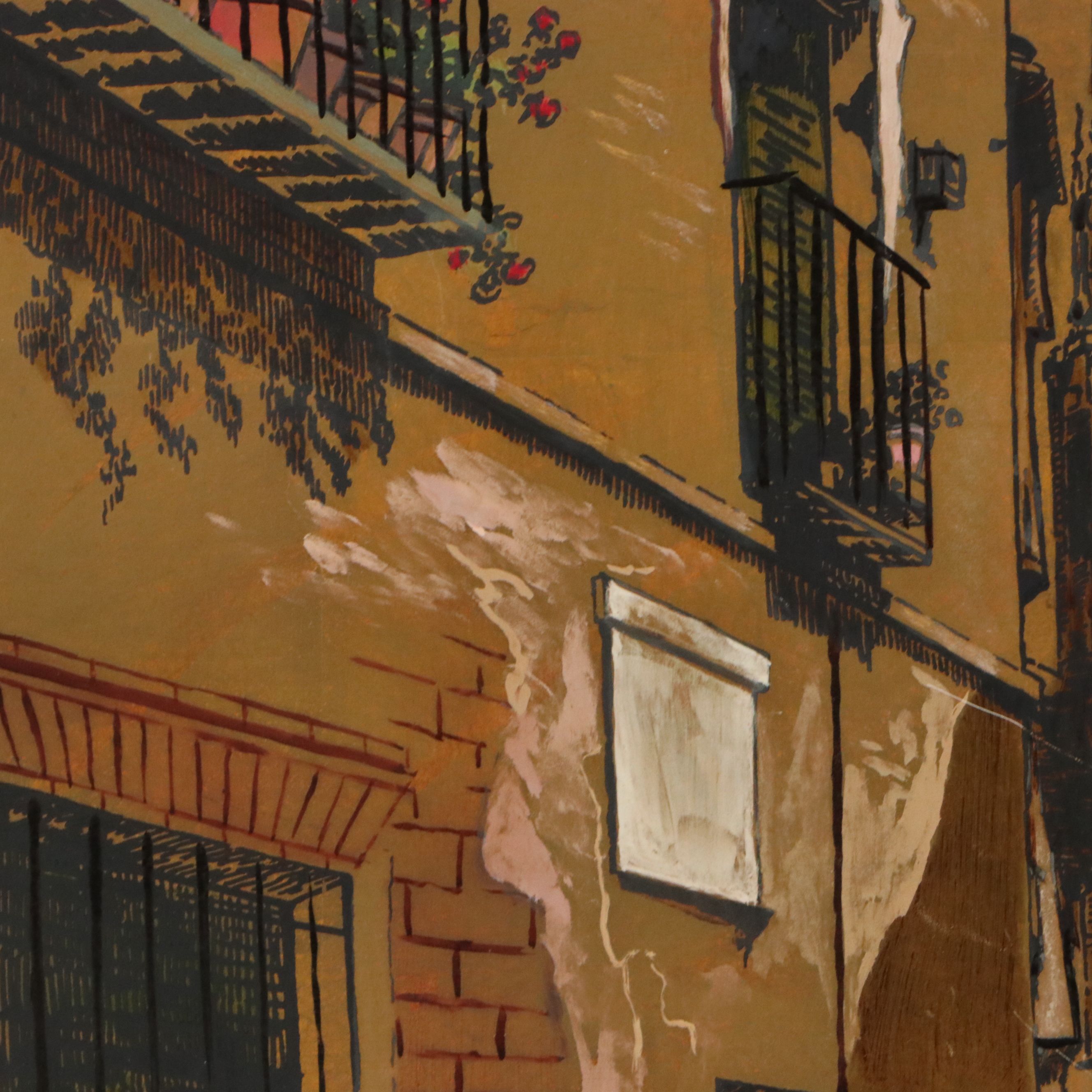 Cityscape Gouache Painting on Metal Panel of Toledo, Spain, 20th Century