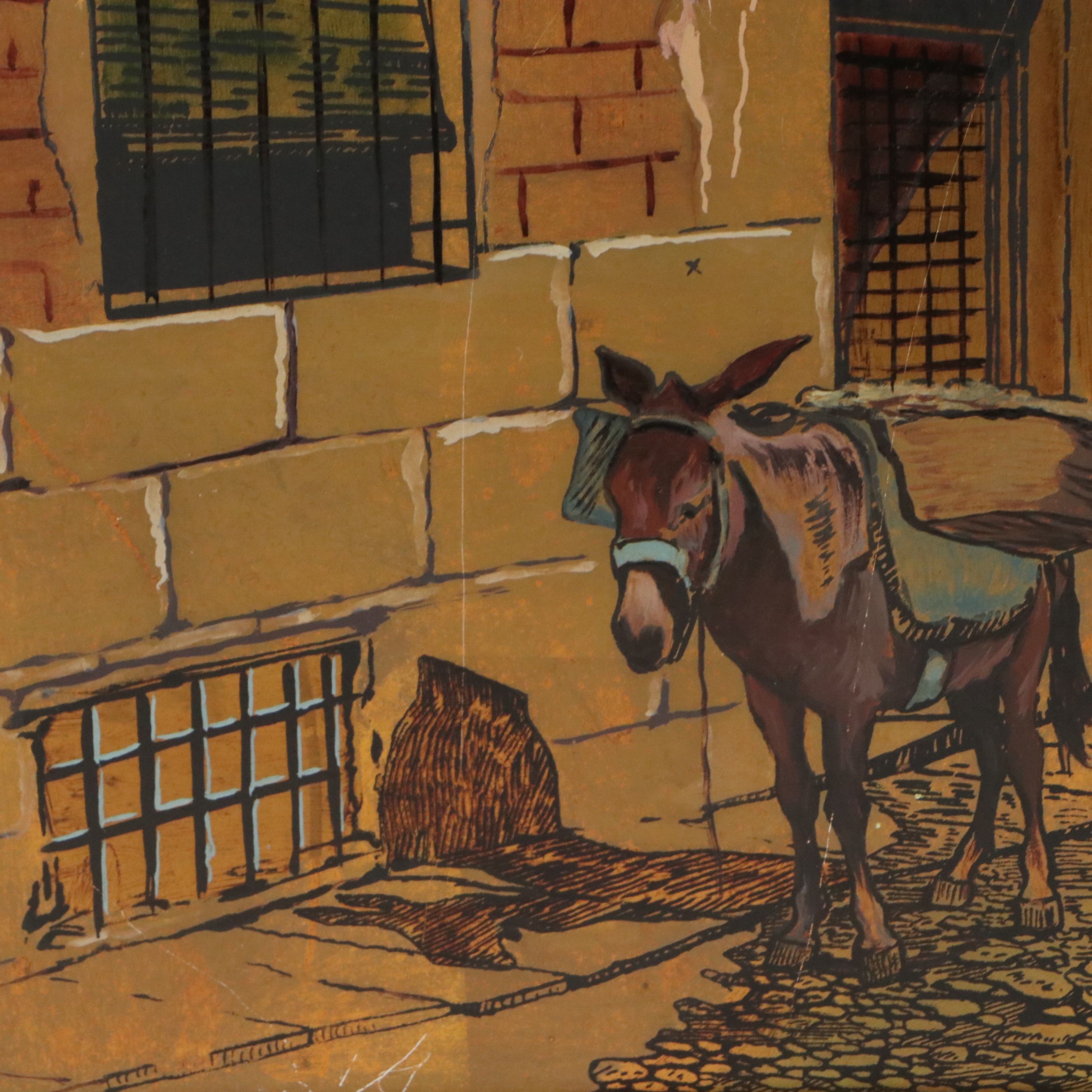 Cityscape Gouache Painting on Metal Panel of Toledo, Spain, 20th Century