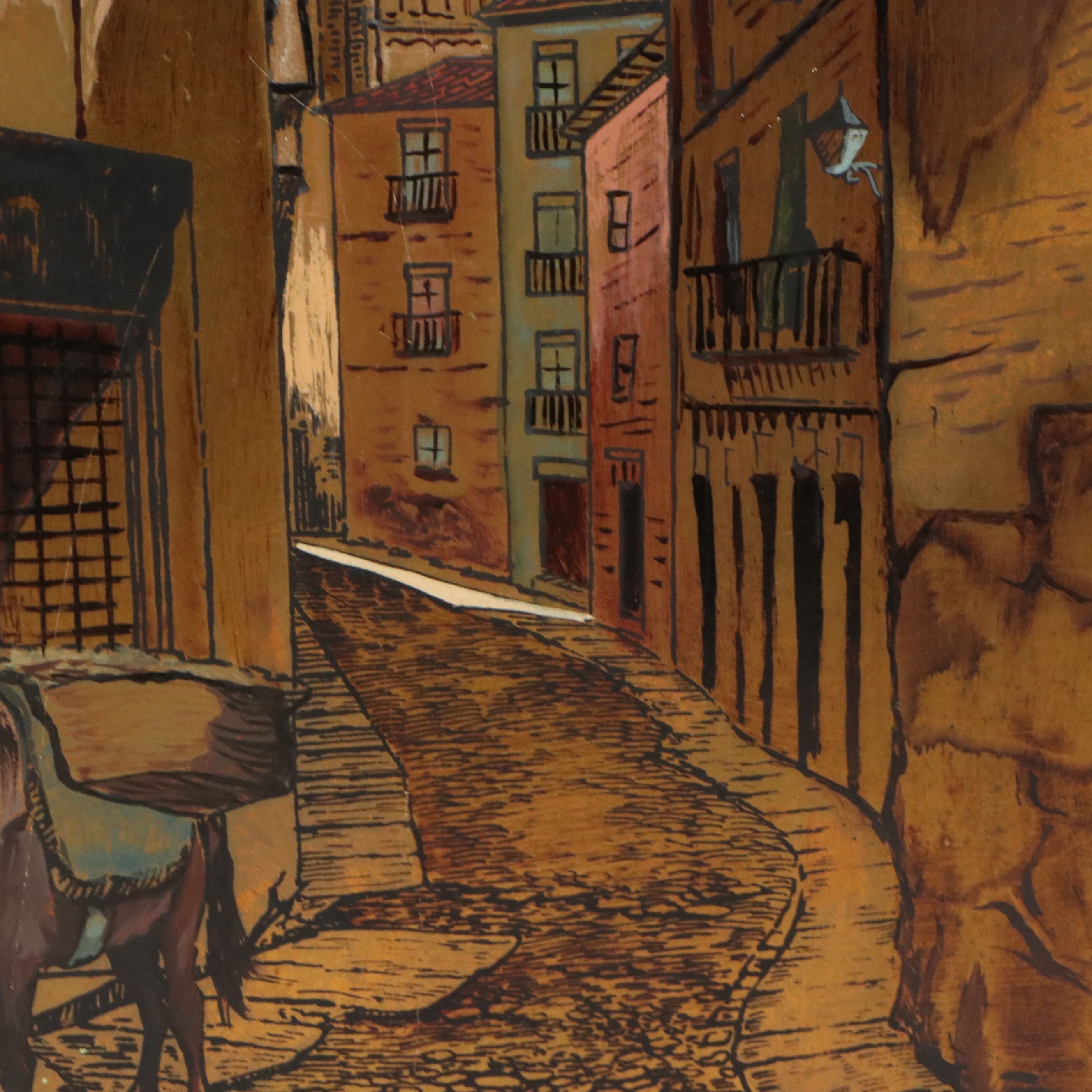 Cityscape Gouache Painting on Metal Panel of Toledo, Spain, 20th Century