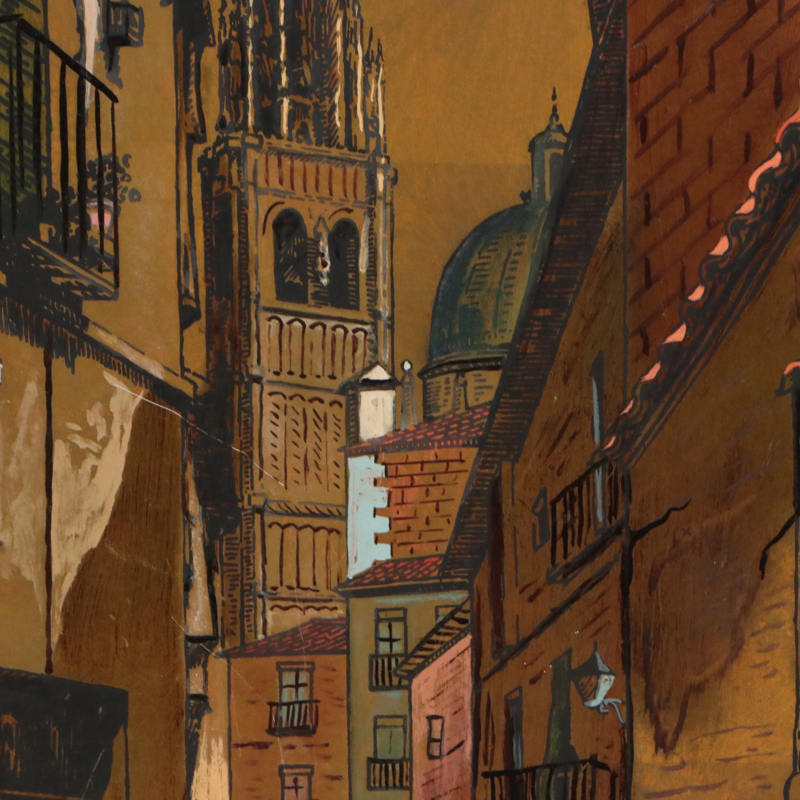 Cityscape Gouache Painting on Metal Panel of Toledo, Spain, 20th Century