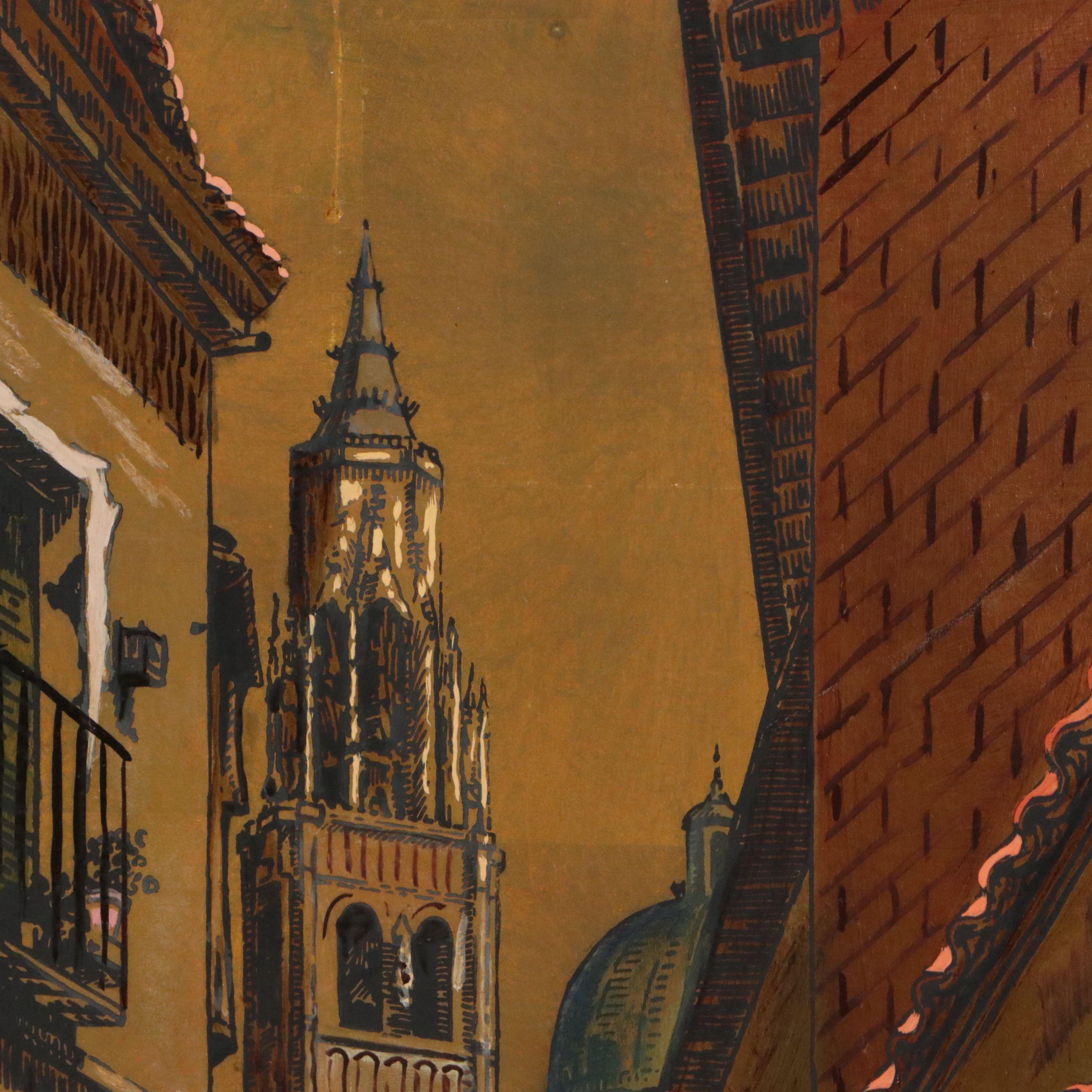 Cityscape Gouache Painting on Metal Panel of Toledo, Spain, 20th Century