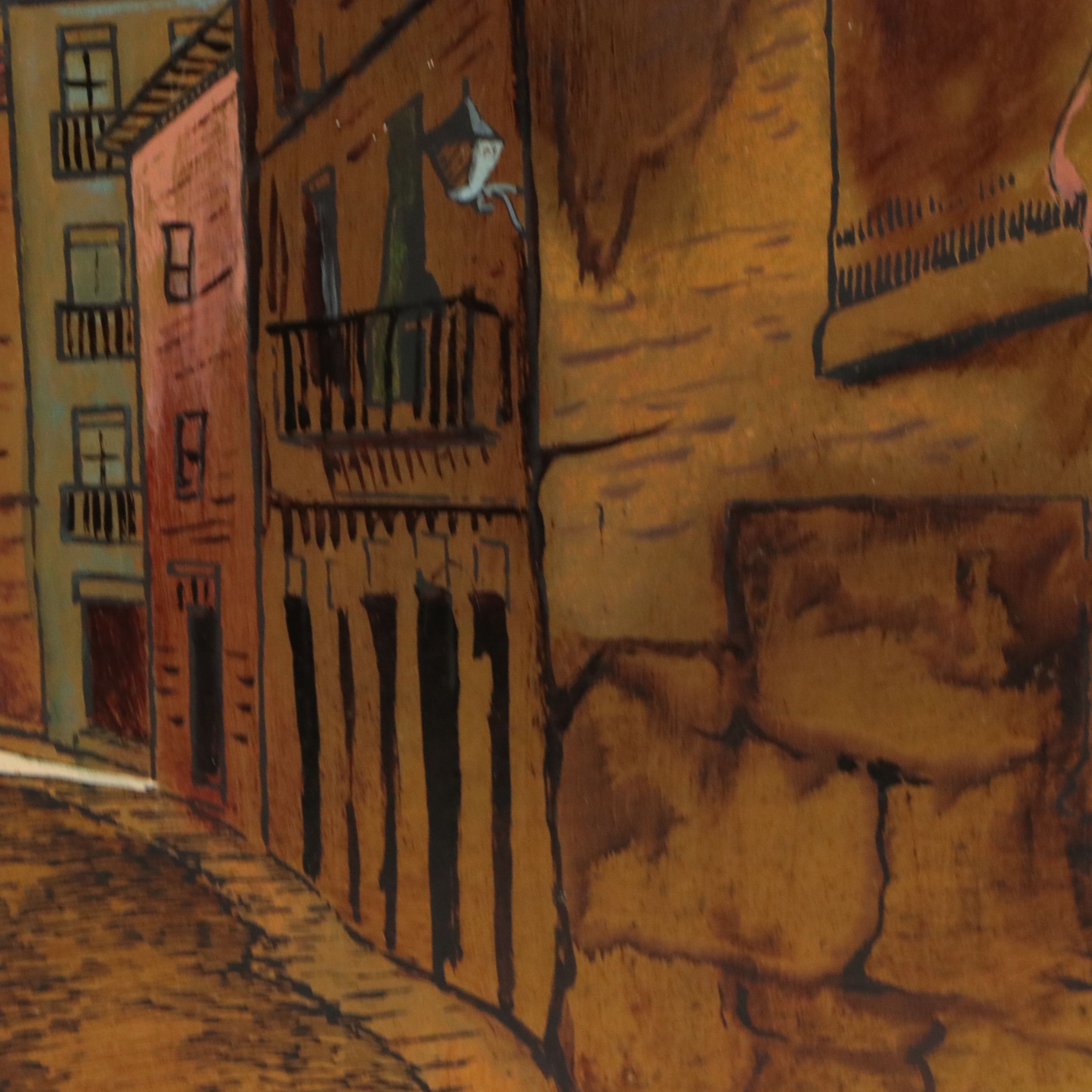 Cityscape Gouache Painting on Metal Panel of Toledo, Spain, 20th Century