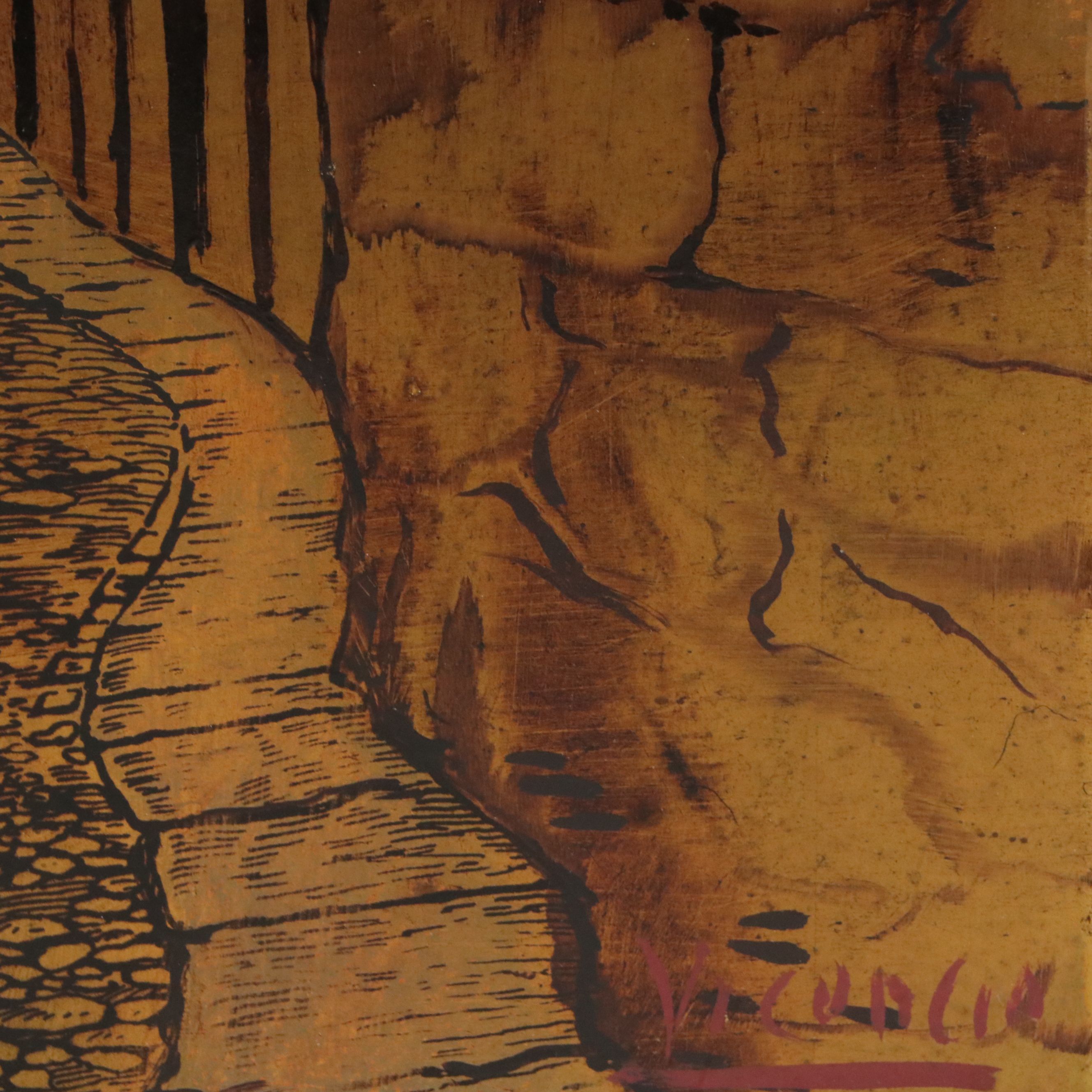 Cityscape Gouache Painting on Metal Panel of Toledo, Spain, 20th Century