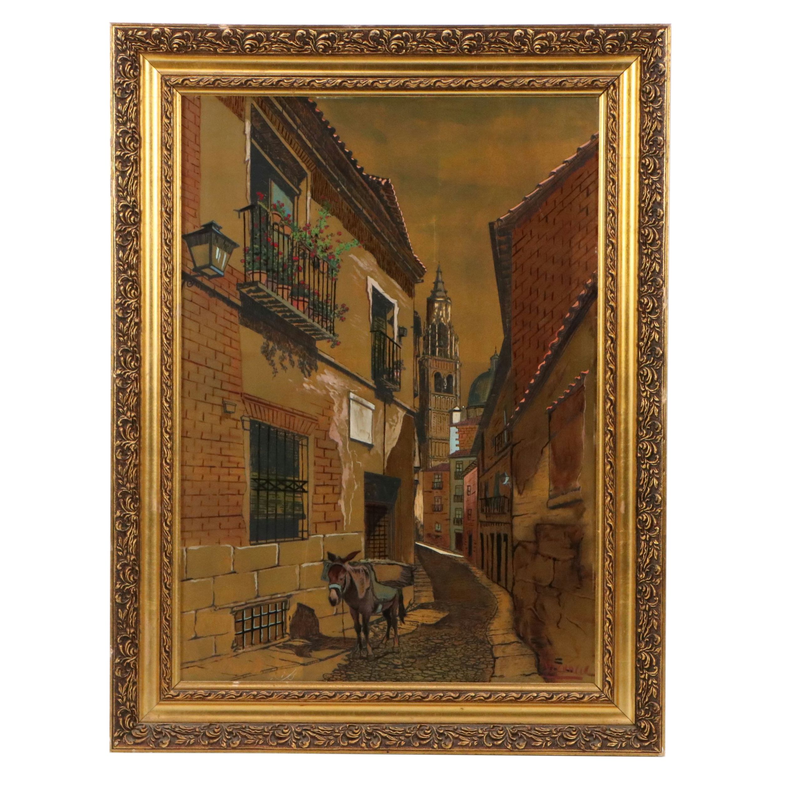 Cityscape Gouache Painting on Metal Panel of Toledo, Spain, 20th Century