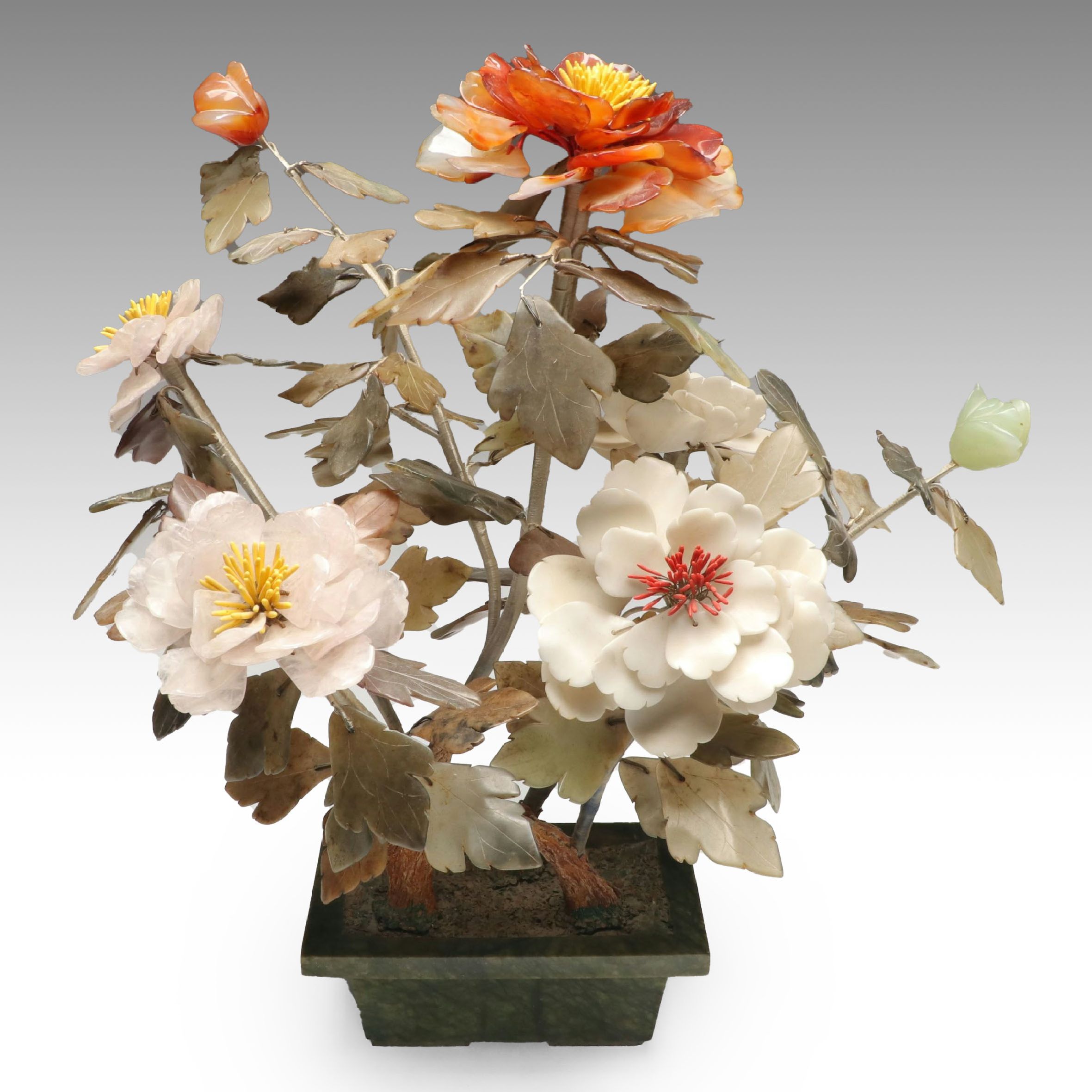 Chinese Quartz, Carnelian, Serpentine Carved Gemstone and Hardstone Bonsai Tree