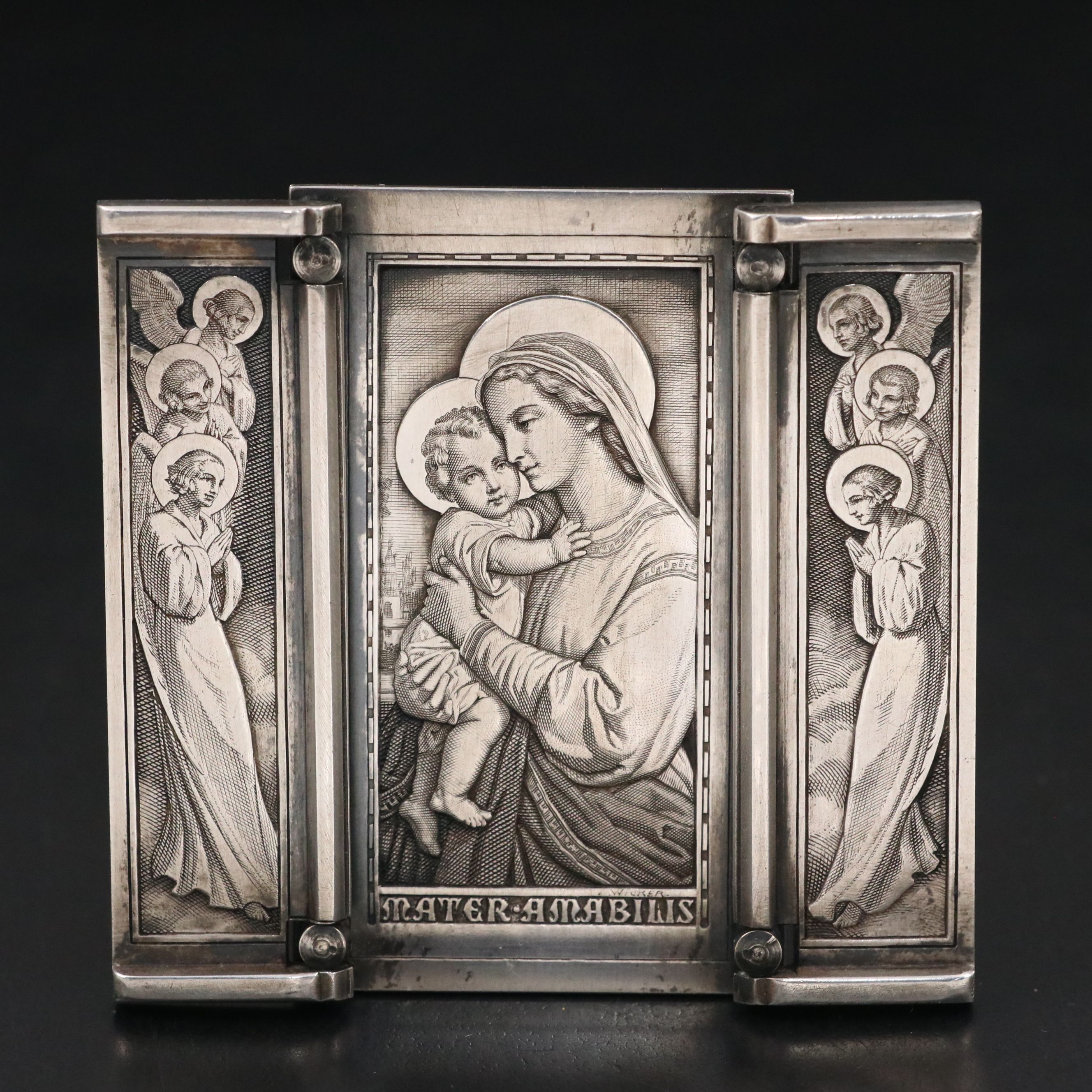 Bernard Wicker Engraved Silver Plate Madonna and Child Triptych Icon