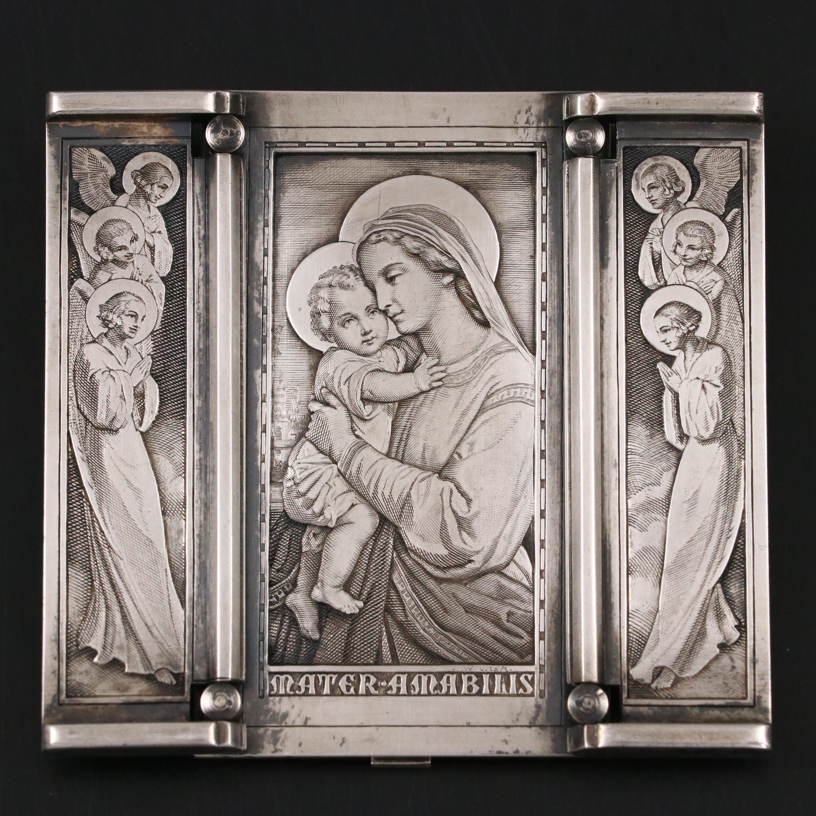 Bernard Wicker Engraved Silver Plate Madonna and Child Triptych Icon