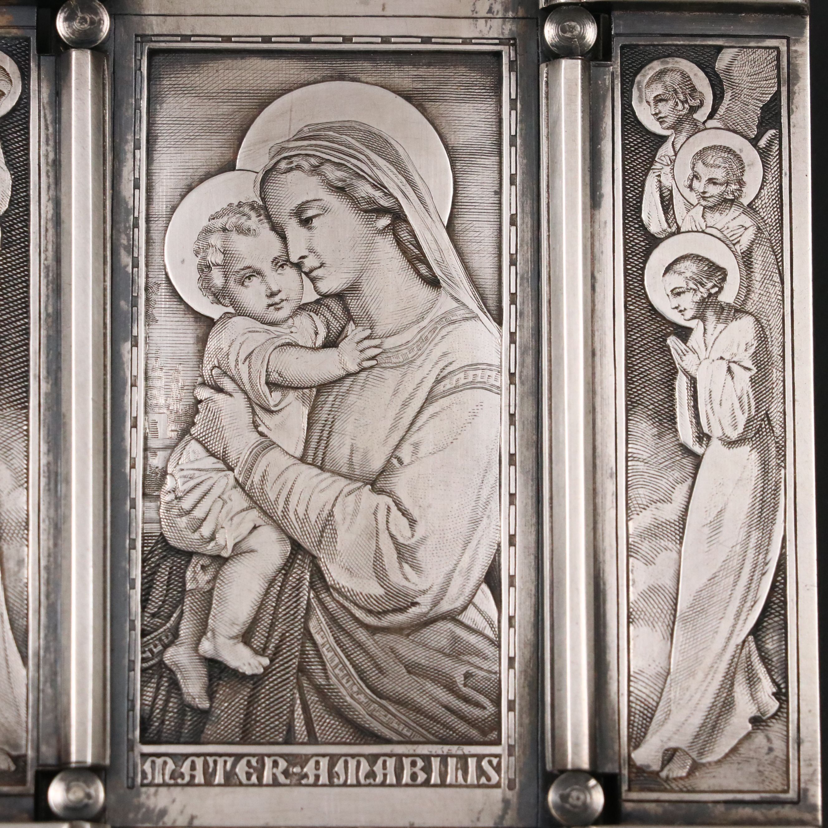 Bernard Wicker Engraved Silver Plate Madonna and Child Triptych Icon