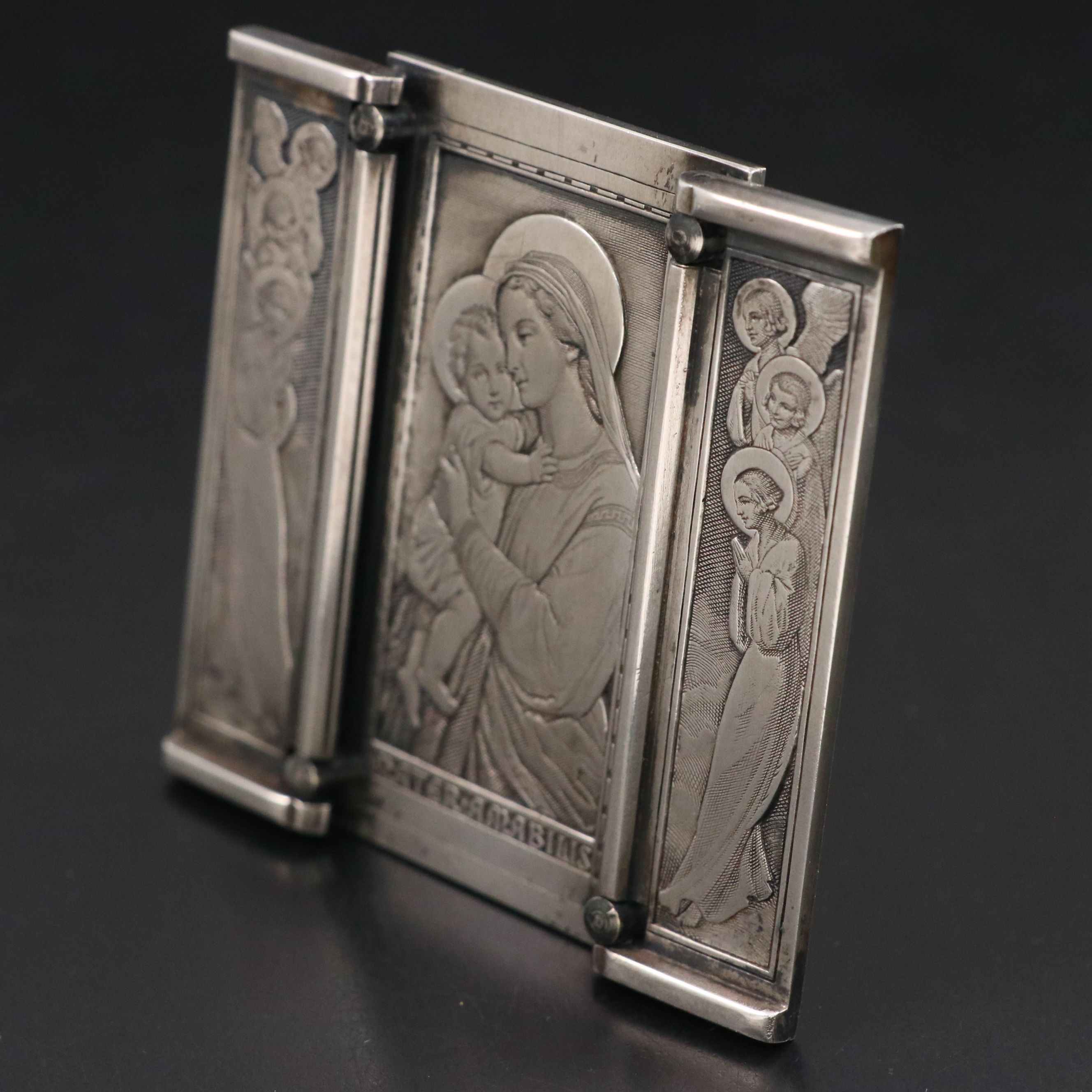 Bernard Wicker Engraved Silver Plate Madonna and Child Triptych Icon