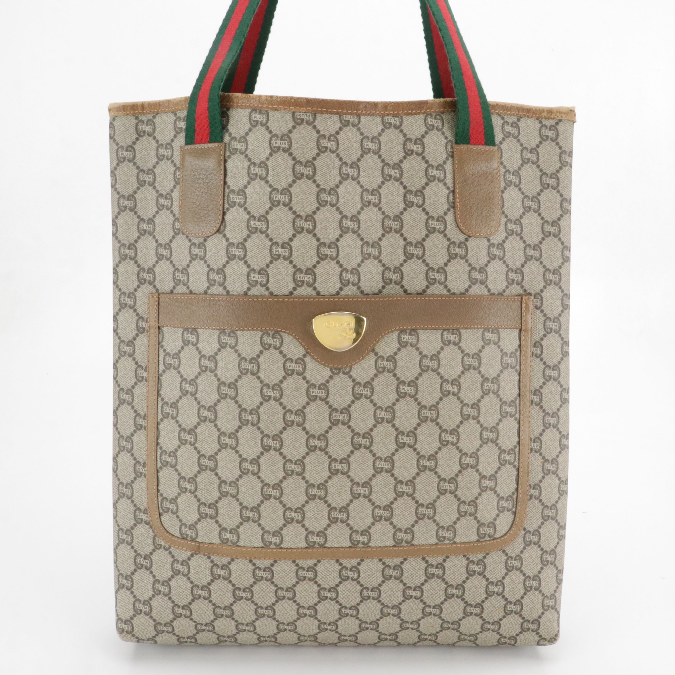 Gucci Plus Front Pocket Tote in GG Supreme Canvas, Leather & Web Straps W/ Pouch