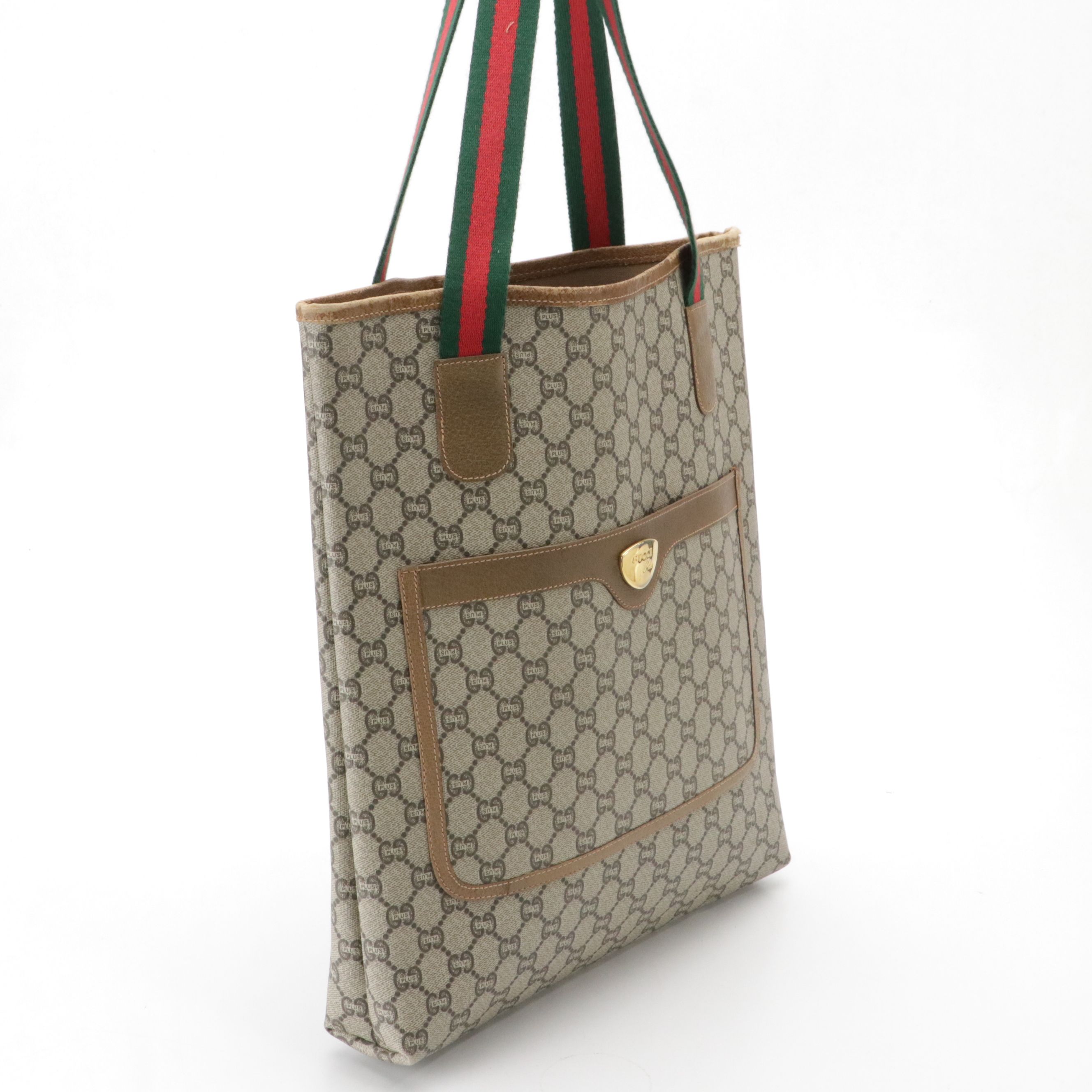 Gucci Plus Front Pocket Tote in GG Supreme Canvas, Leather & Web Straps W/ Pouch