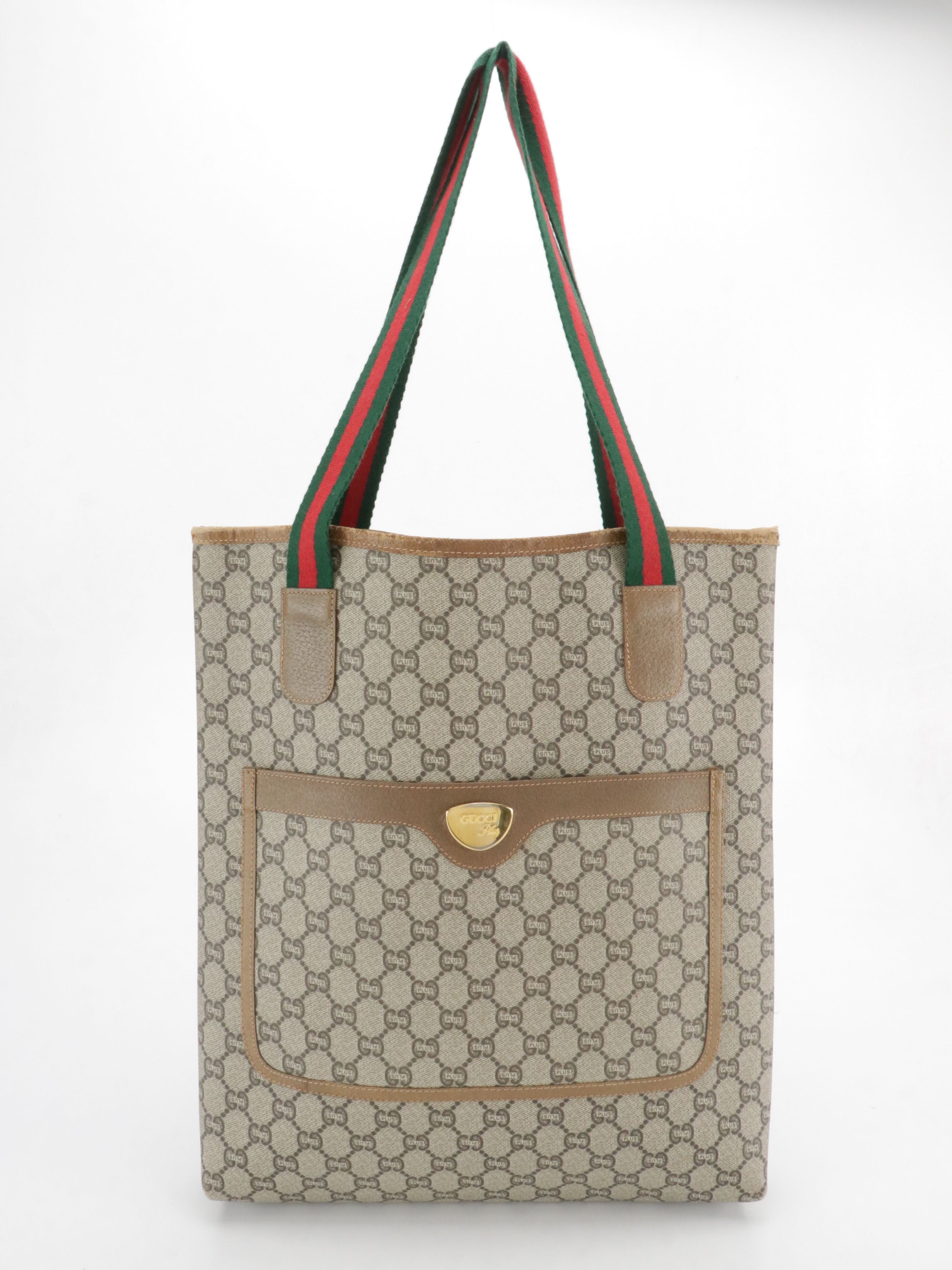 Gucci Plus Front Pocket Tote in GG Supreme Canvas, Leather & Web Straps W/ Pouch