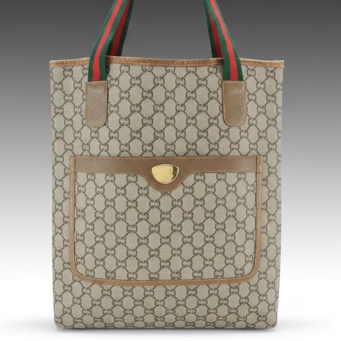 Gucci Plus Front Pocket Tote in GG Supreme Canvas, Leather & Web Straps W/ Pouch