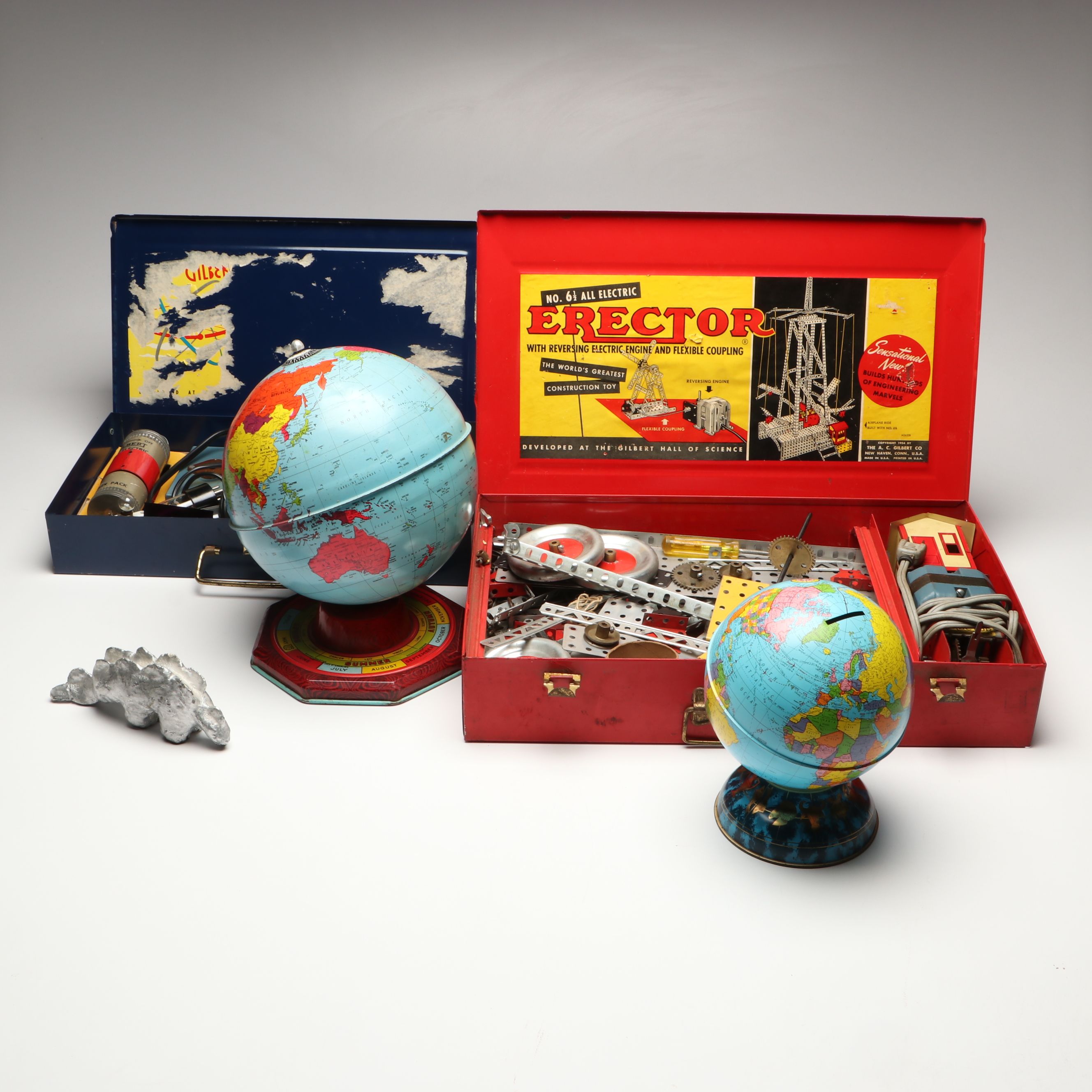 Gilbert Electric Eye and Erector Kits with Metal Globe Coin Banks