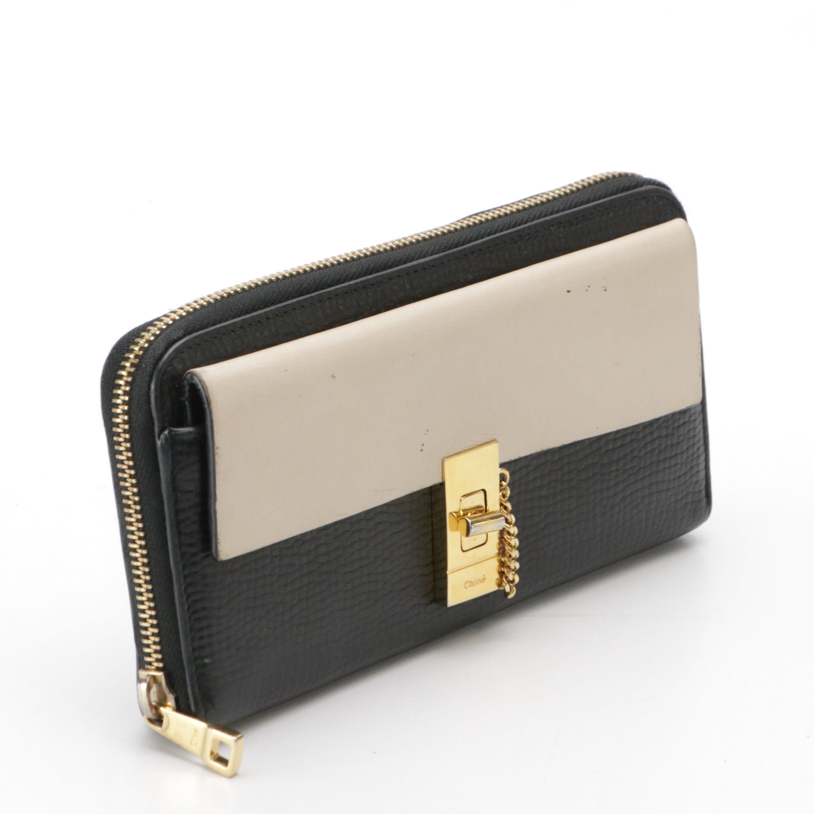 Chloé Drew Continental Wallet in Navy Blue and Ivory Calfskin Leather, With Box