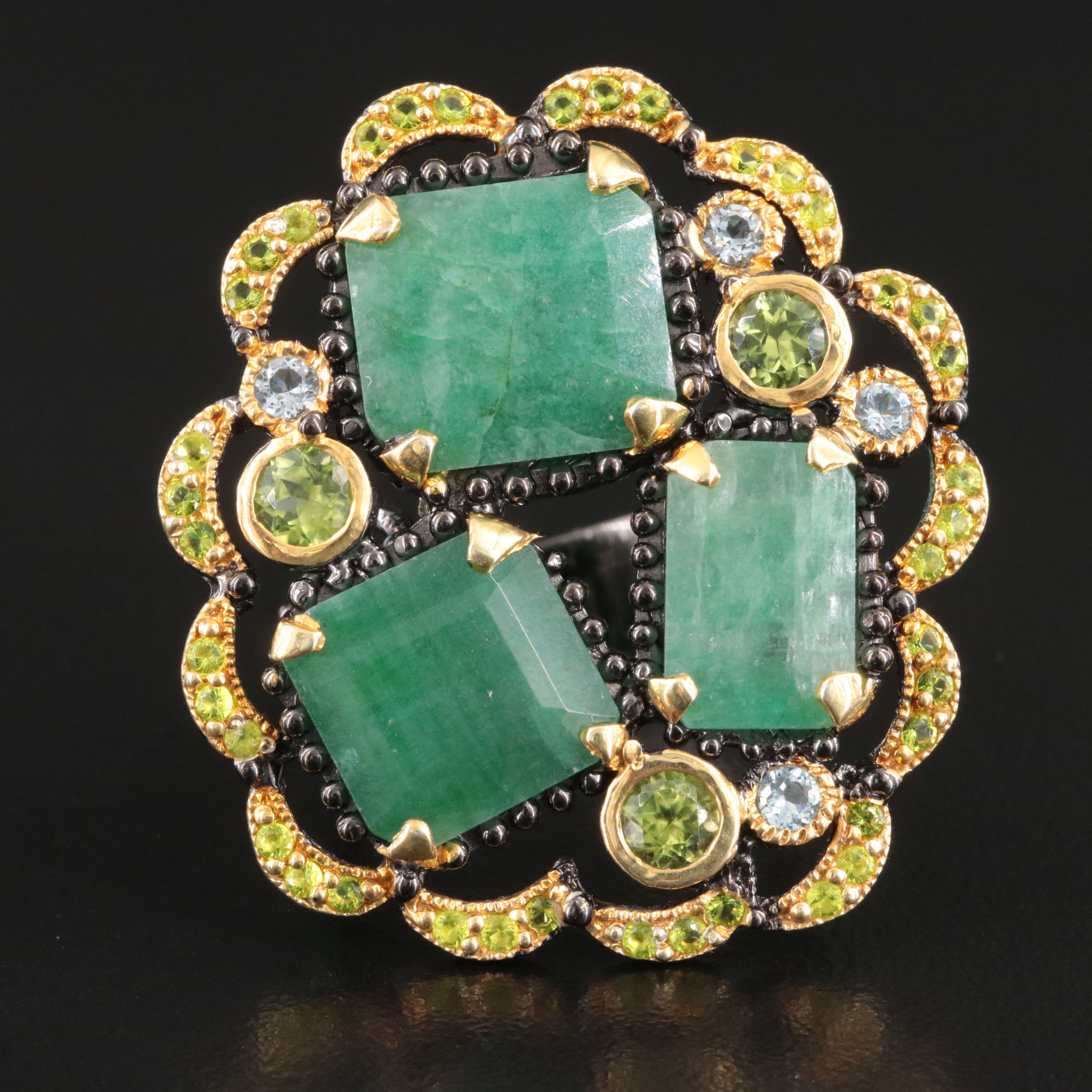 Sterling Emerald, Peridot and Topaz Cluster Ring