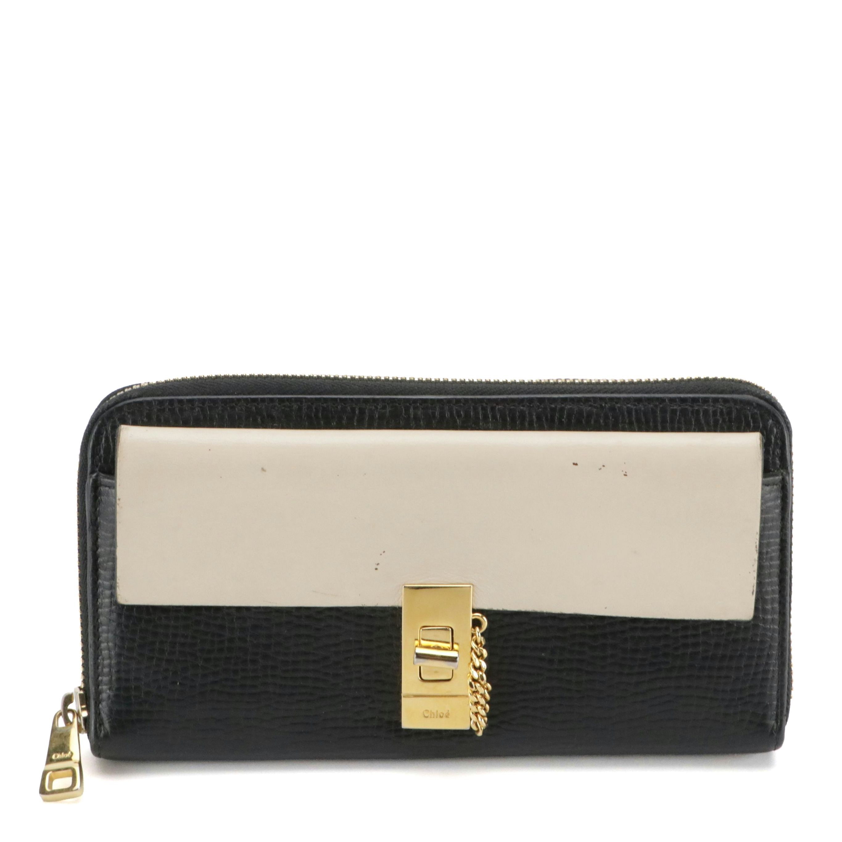 Chloé Drew Continental Wallet in Navy Blue and Ivory Calfskin Leather, With Box