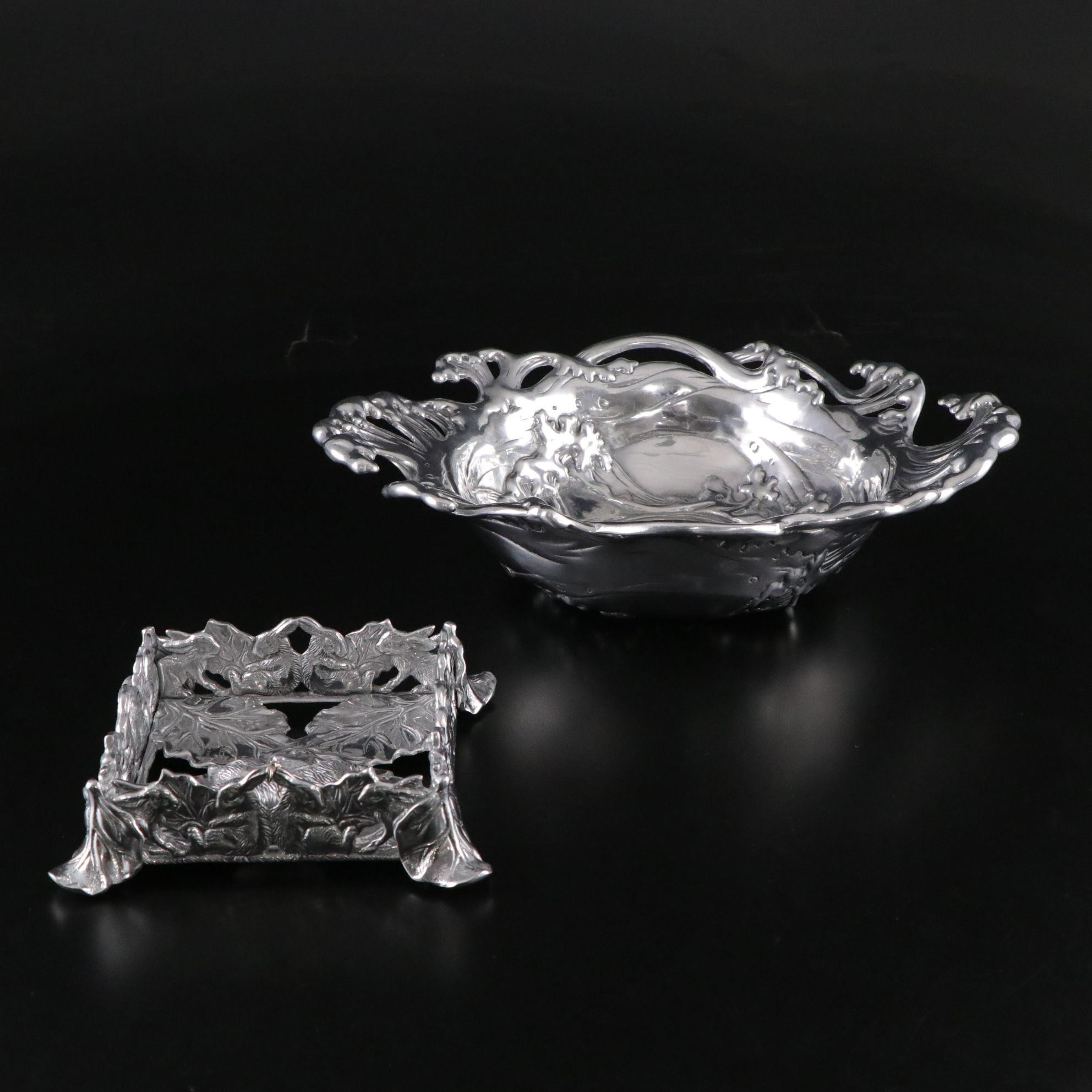 Arthur Court Aluminum "Big Waves" Serving Bowl and "Bunny" Napkin Caddy