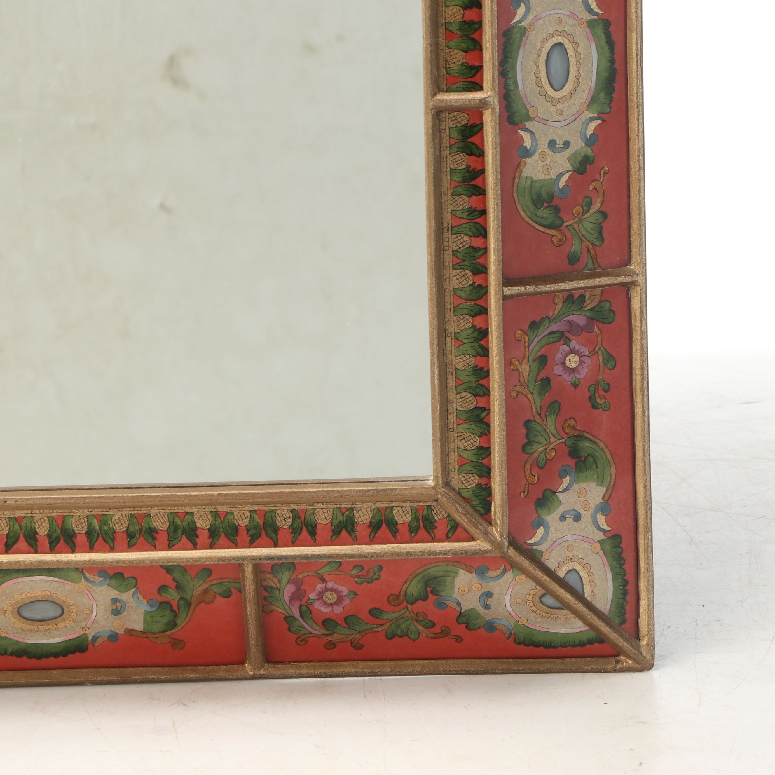 South Cone Peruvian Style Reverse Painted Glass Frame Rectangular Wall Mirror