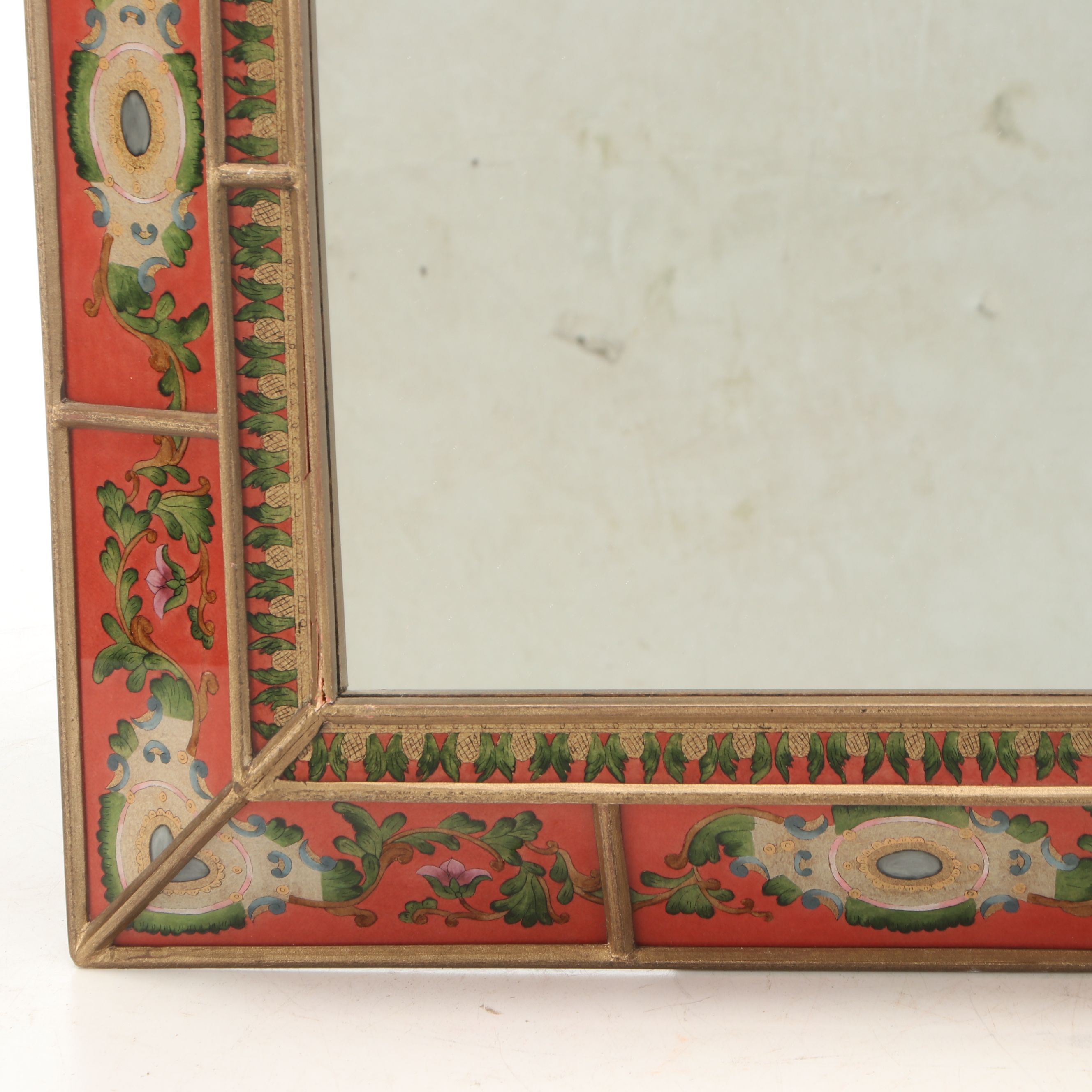 South Cone Peruvian Style Reverse Painted Glass Frame Rectangular Wall Mirror