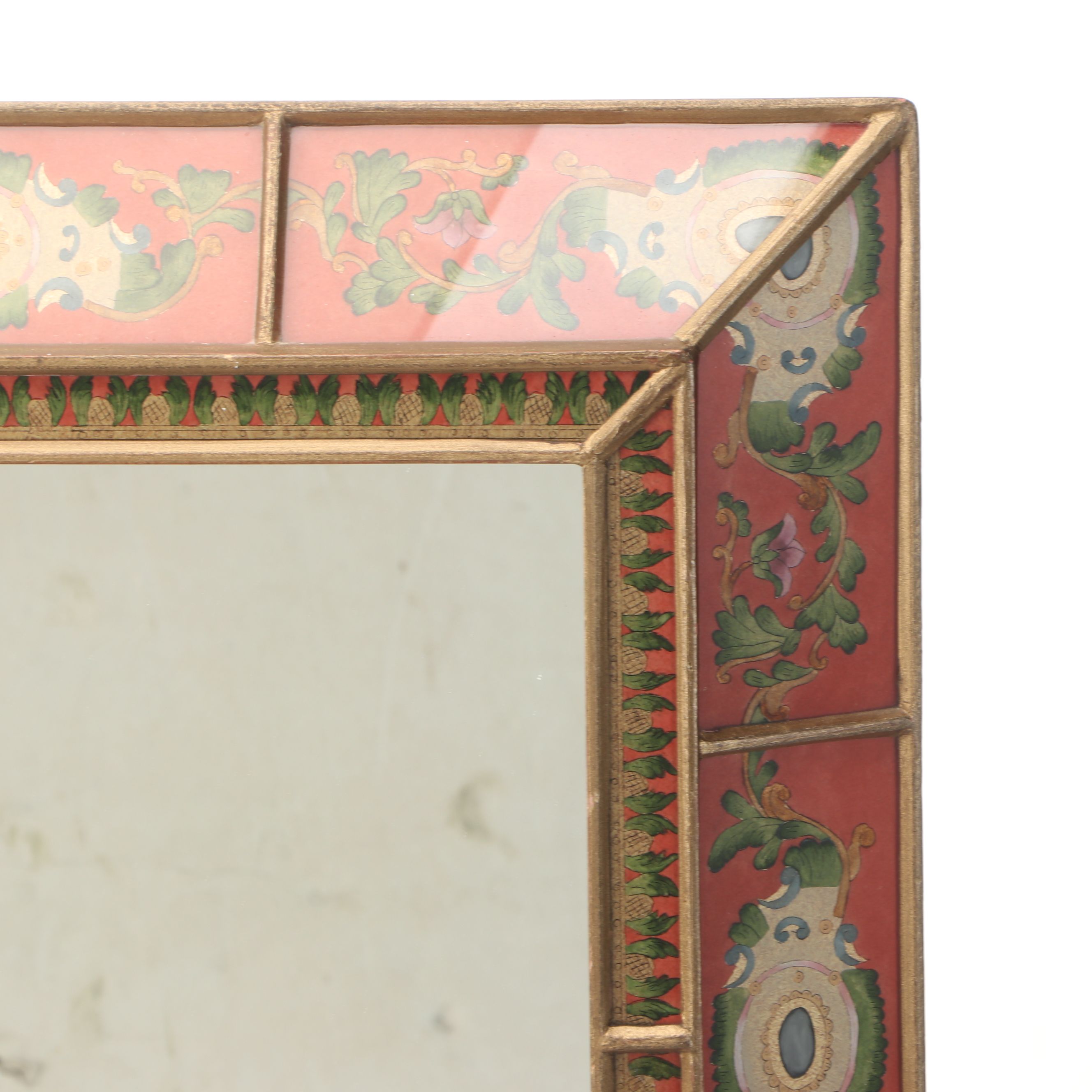 South Cone Peruvian Style Reverse Painted Glass Frame Rectangular Wall Mirror