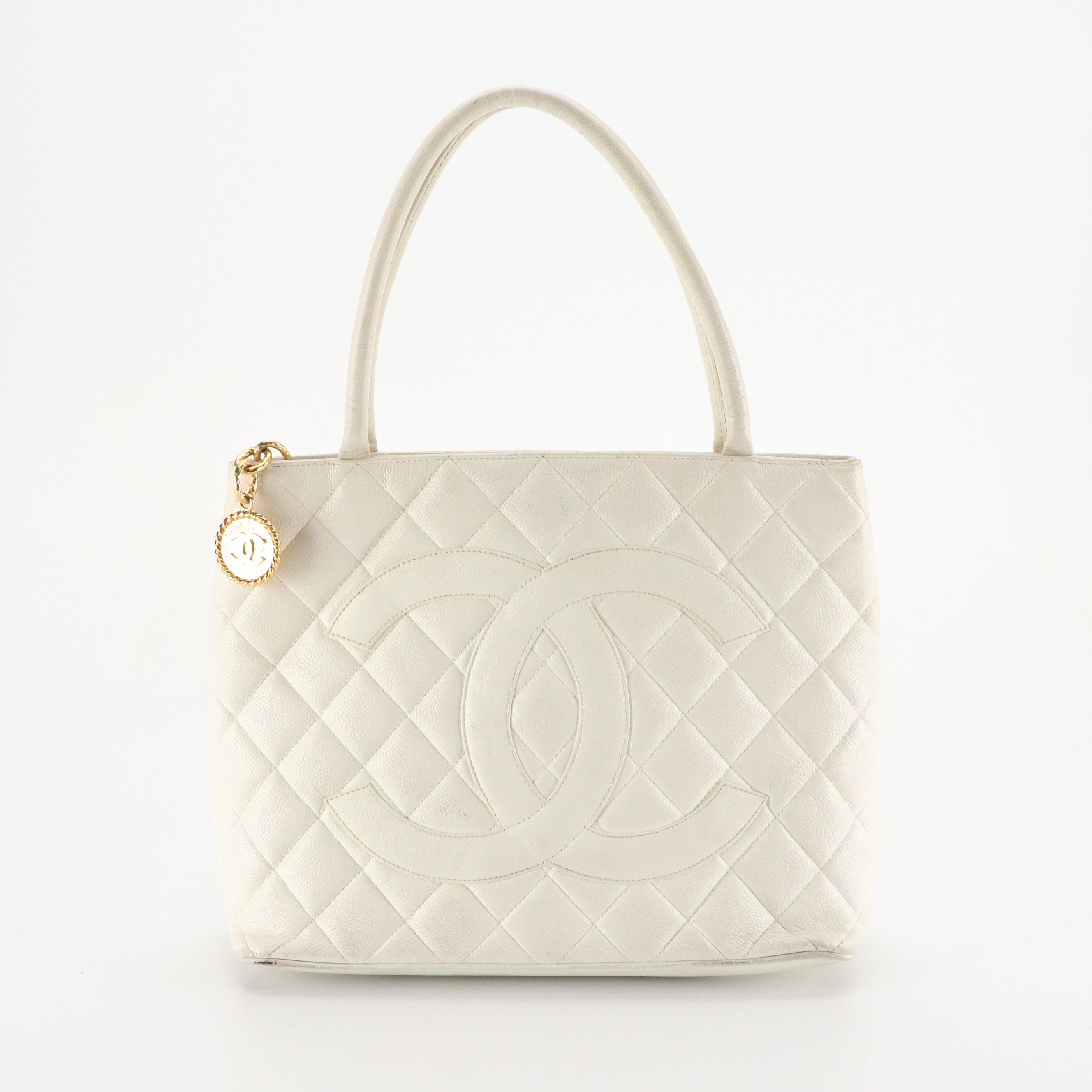 Chanel Medallion Zip Tote Bag in White Quilted Caviar Leather