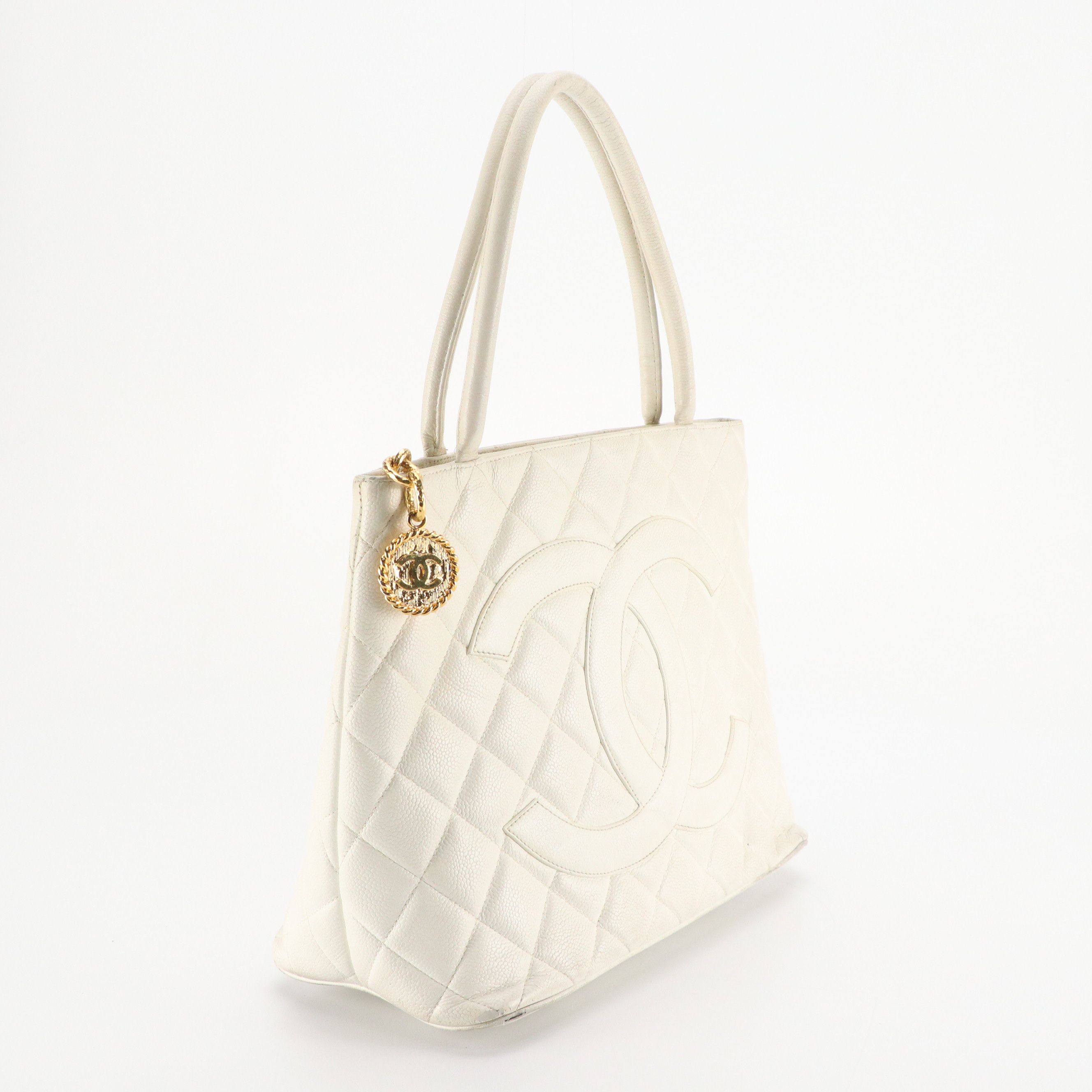 Chanel Medallion Zip Tote Bag in White Quilted Caviar Leather