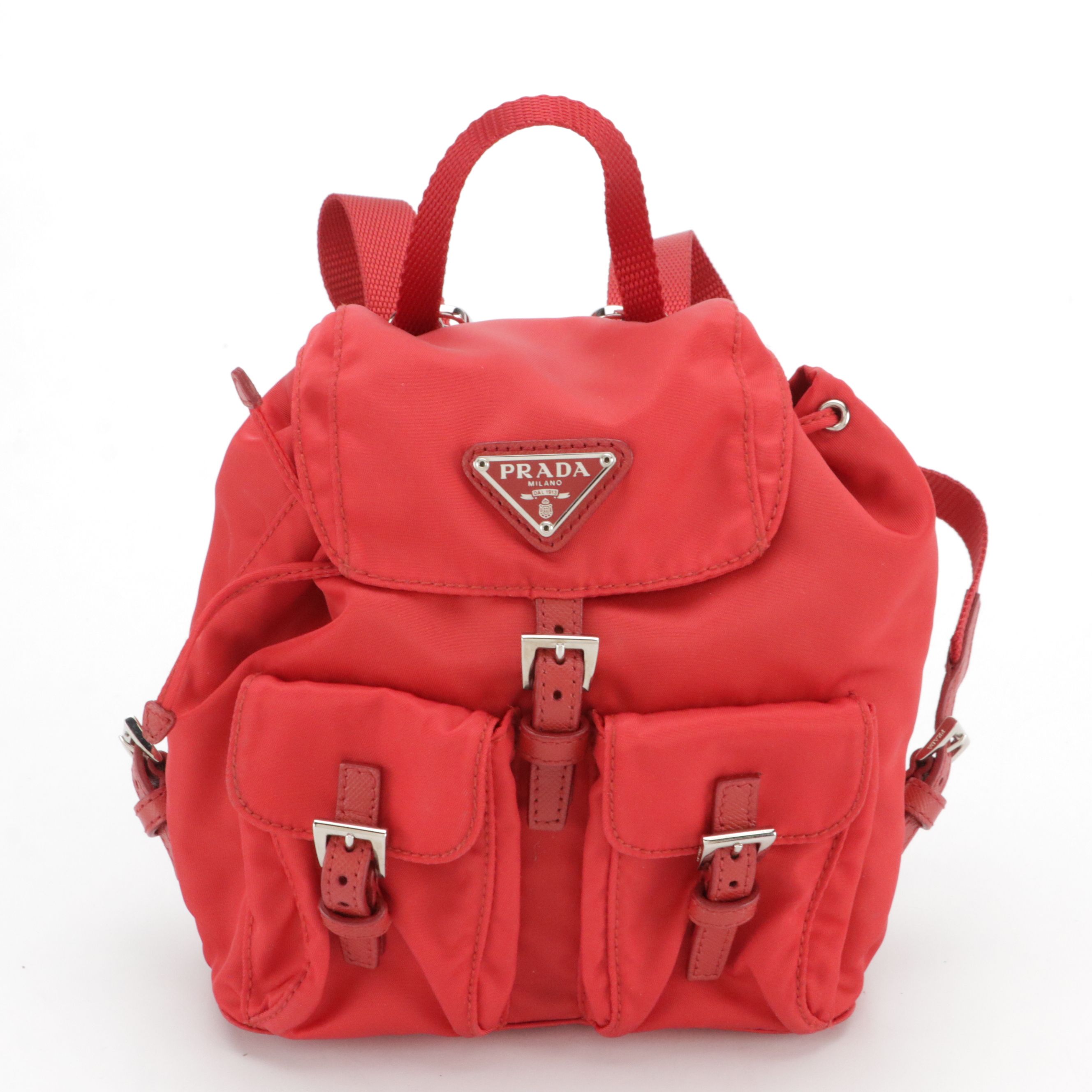 Prada Red Tessuto Nylon and Saffiano Leather Mini Backpack with Chain Strap
