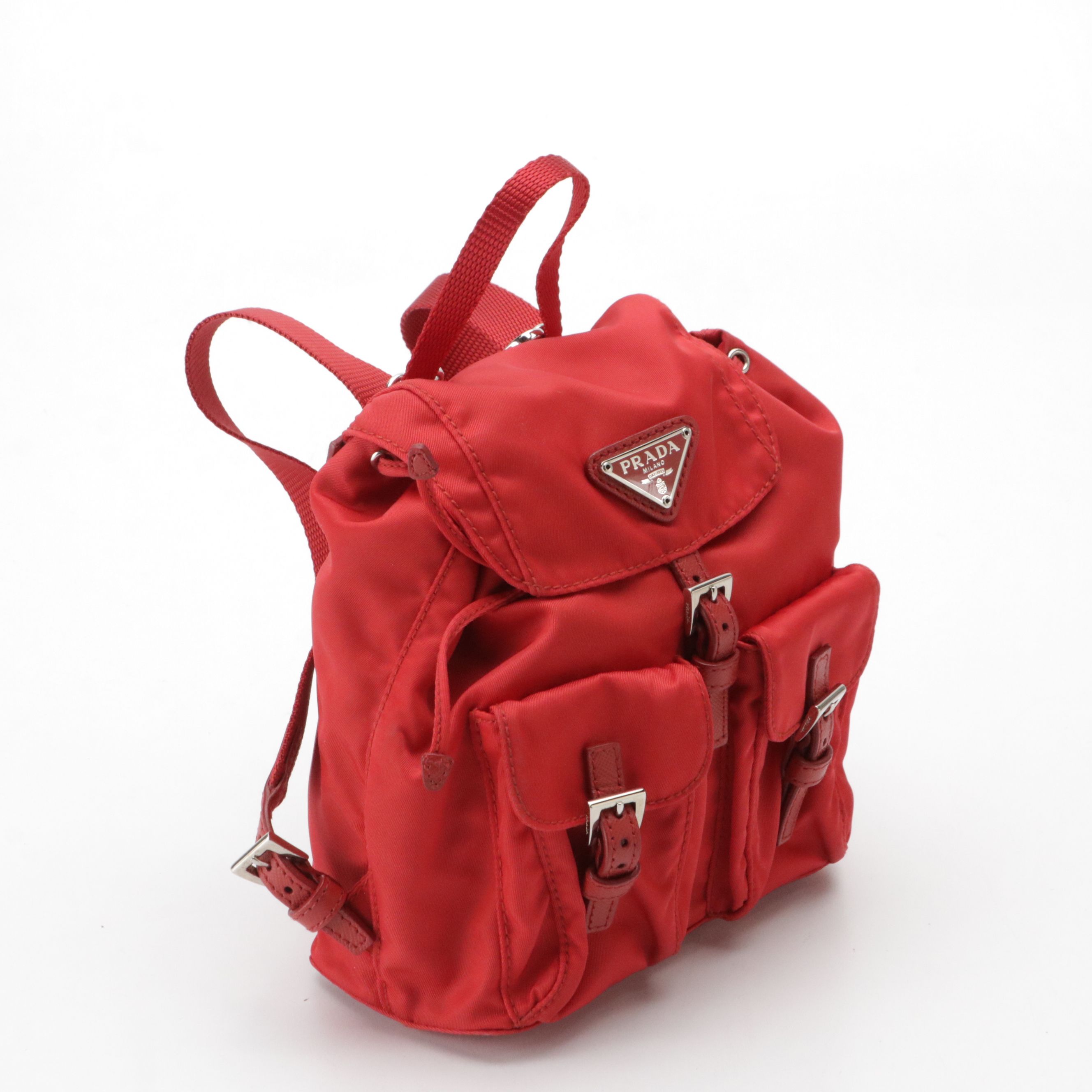 Prada Red Tessuto Nylon and Saffiano Leather Mini Backpack with Chain Strap