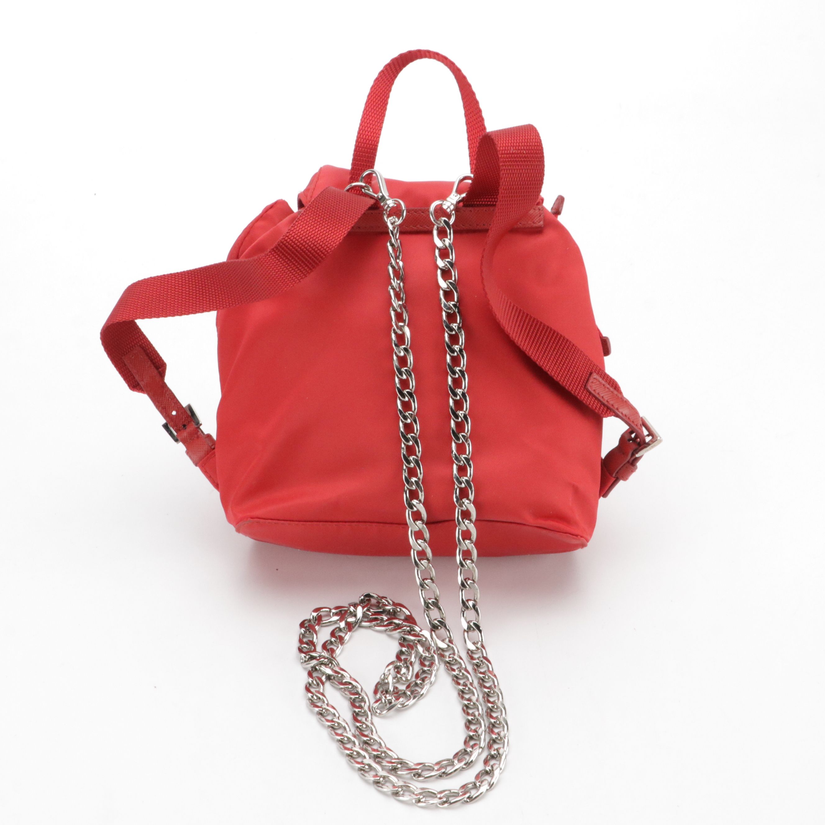Prada Red Tessuto Nylon and Saffiano Leather Mini Backpack with Chain Strap