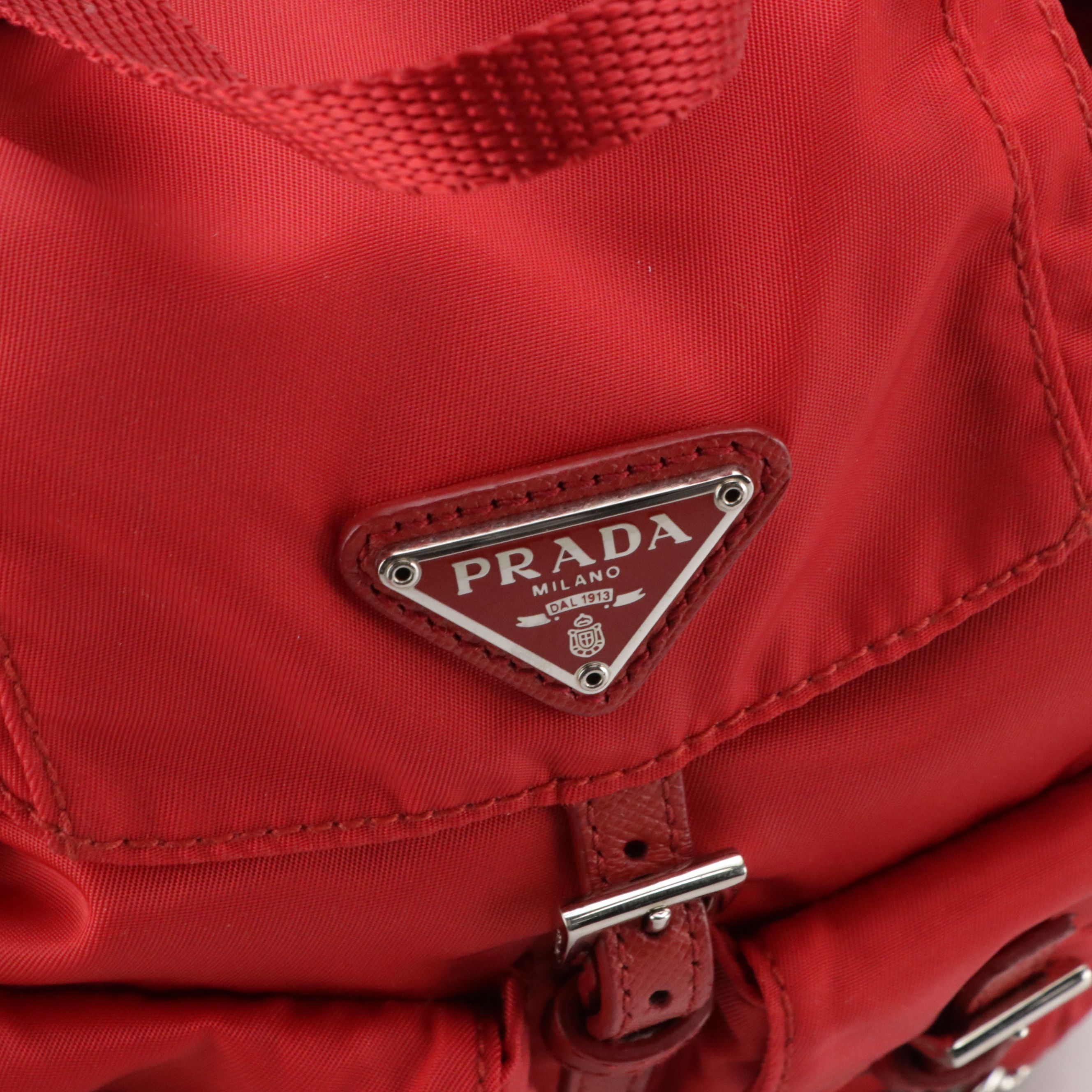 Prada Red Tessuto Nylon and Saffiano Leather Mini Backpack with Chain Strap