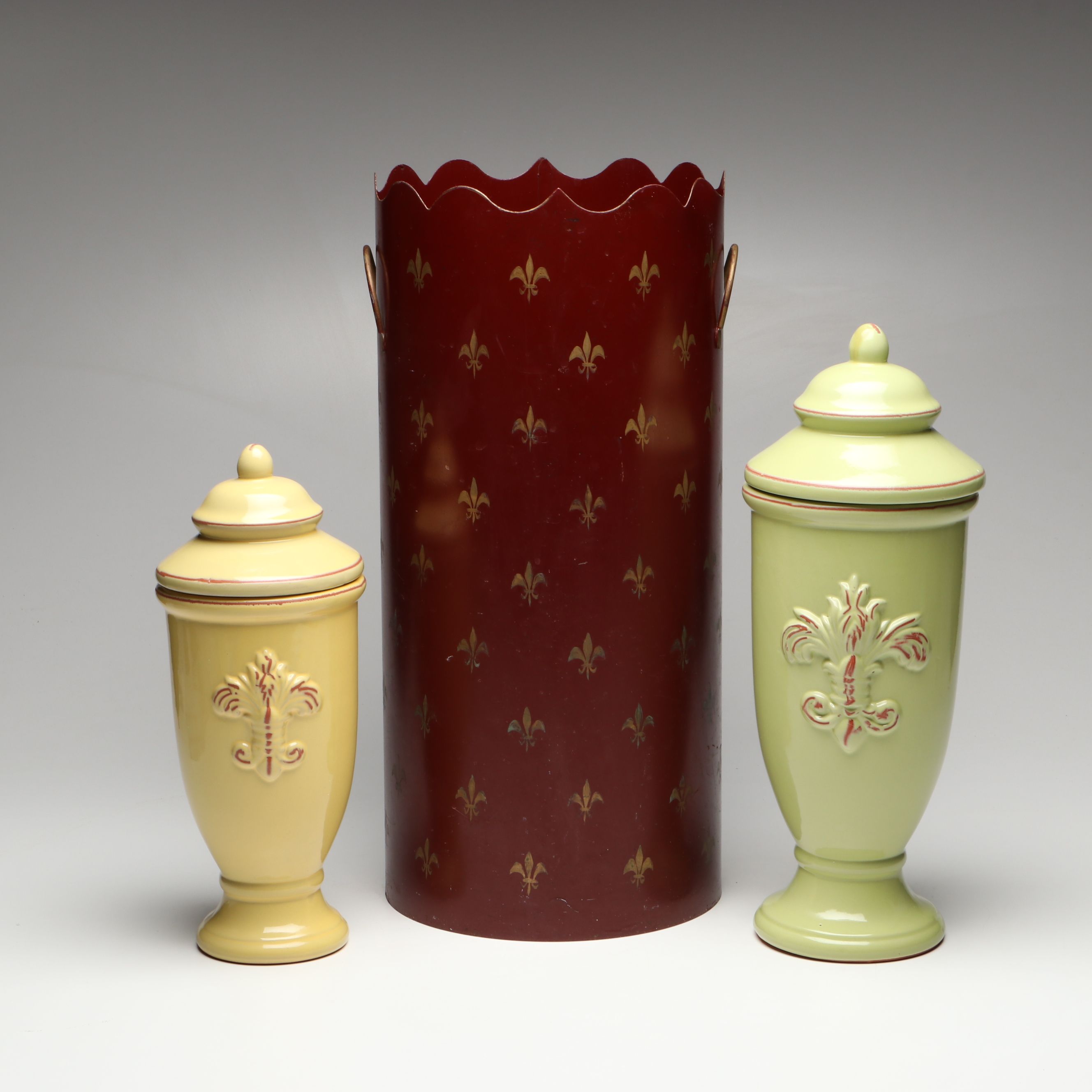 Three Hands Corp. Fleur-de-lis Ceramic Lidded Urns and Metal Umbrella Holder