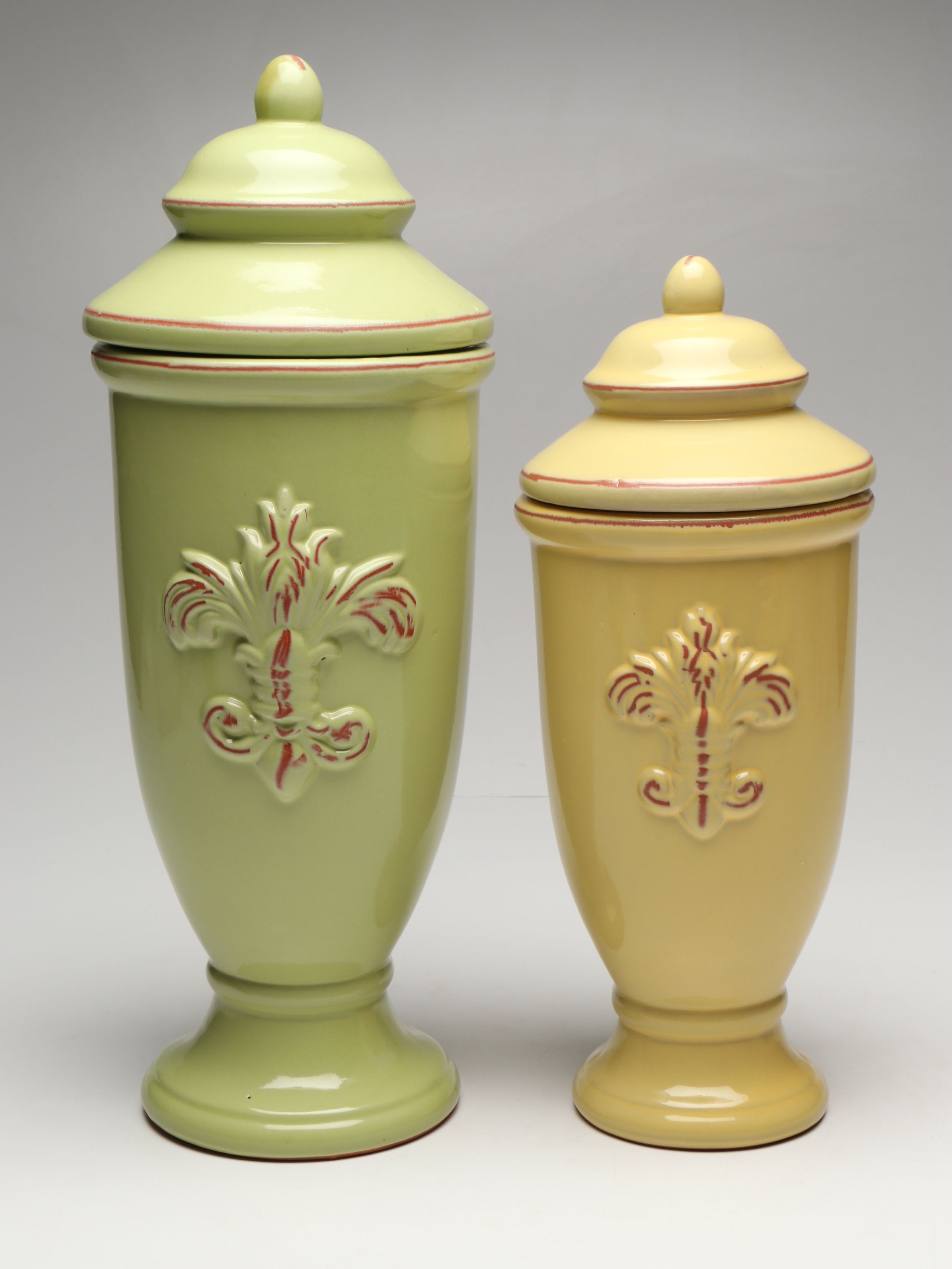 Three Hands Corp. Fleur-de-lis Ceramic Lidded Urns and Metal Umbrella Holder