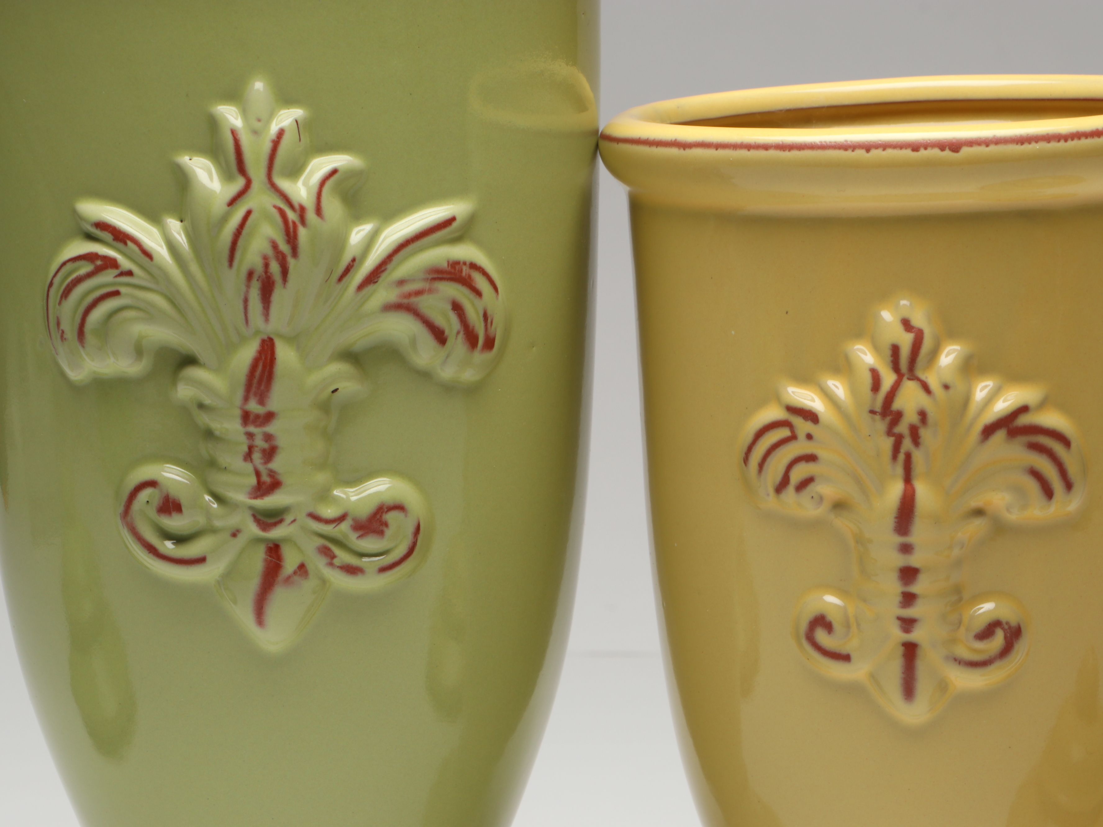 Three Hands Corp. Fleur-de-lis Ceramic Lidded Urns and Metal Umbrella Holder