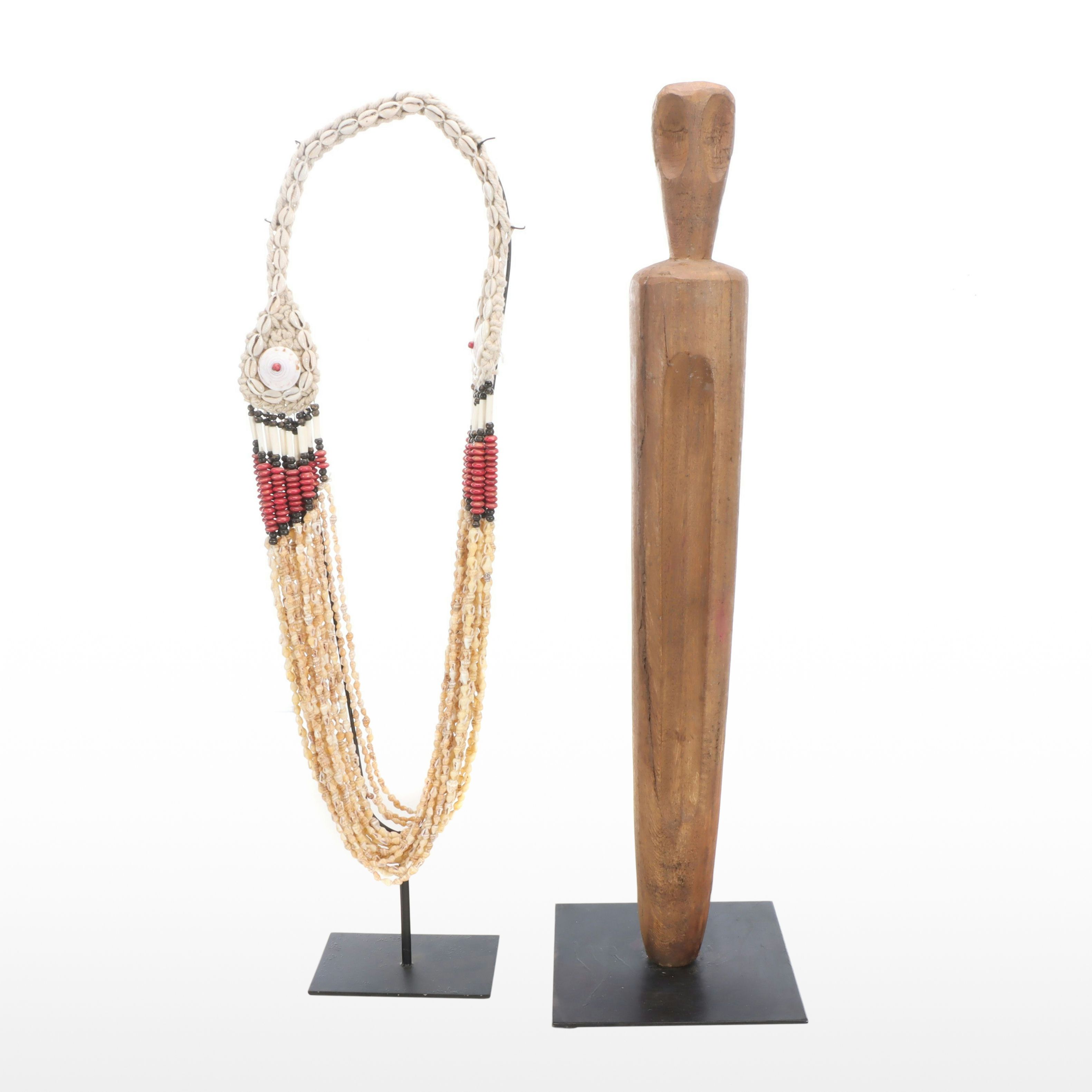 Papua New Guinea Cowrie Shell Necklace with Other Mounted Wood Carving