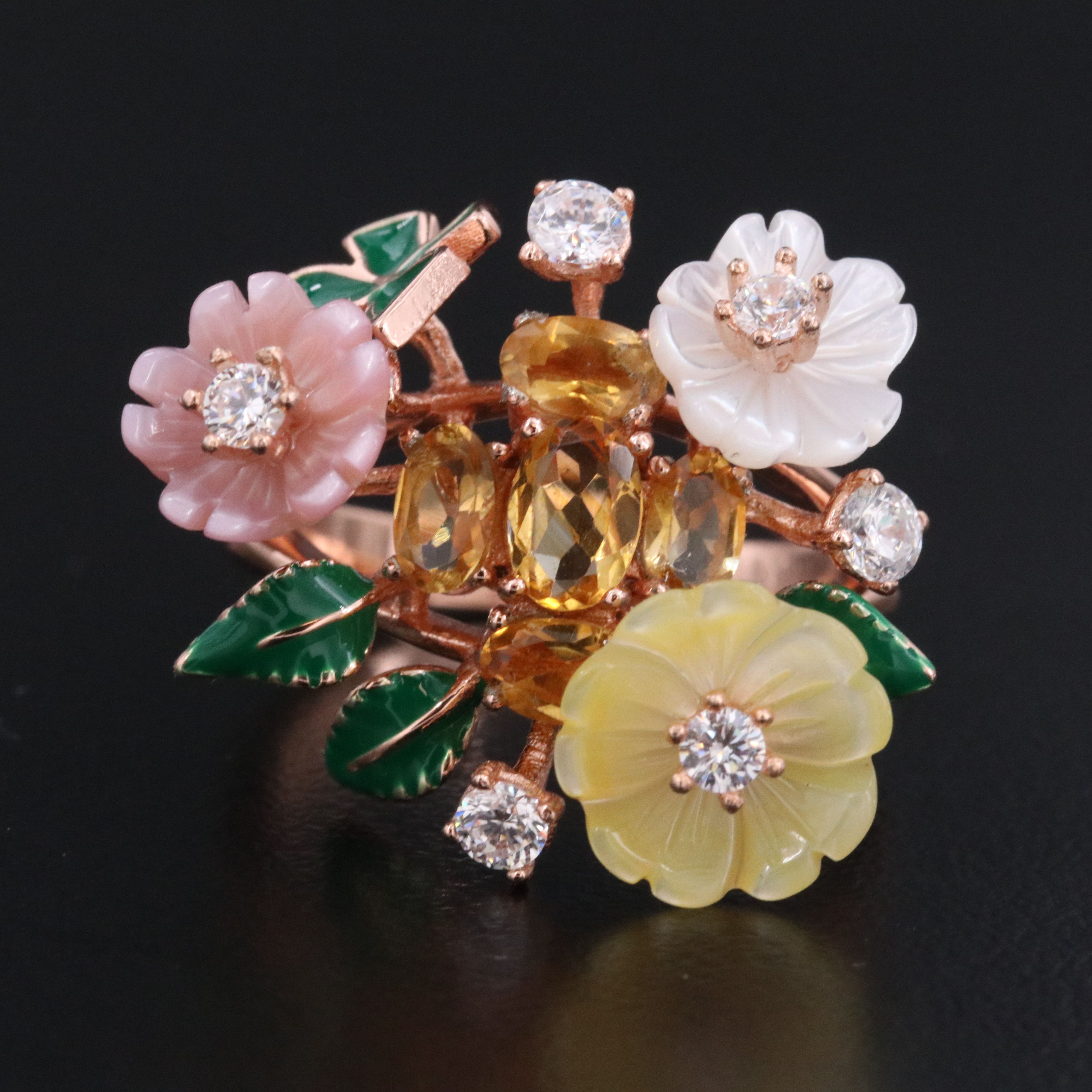 Sterling Carved Mother-of-Pearl and Gemstone Flower Ring