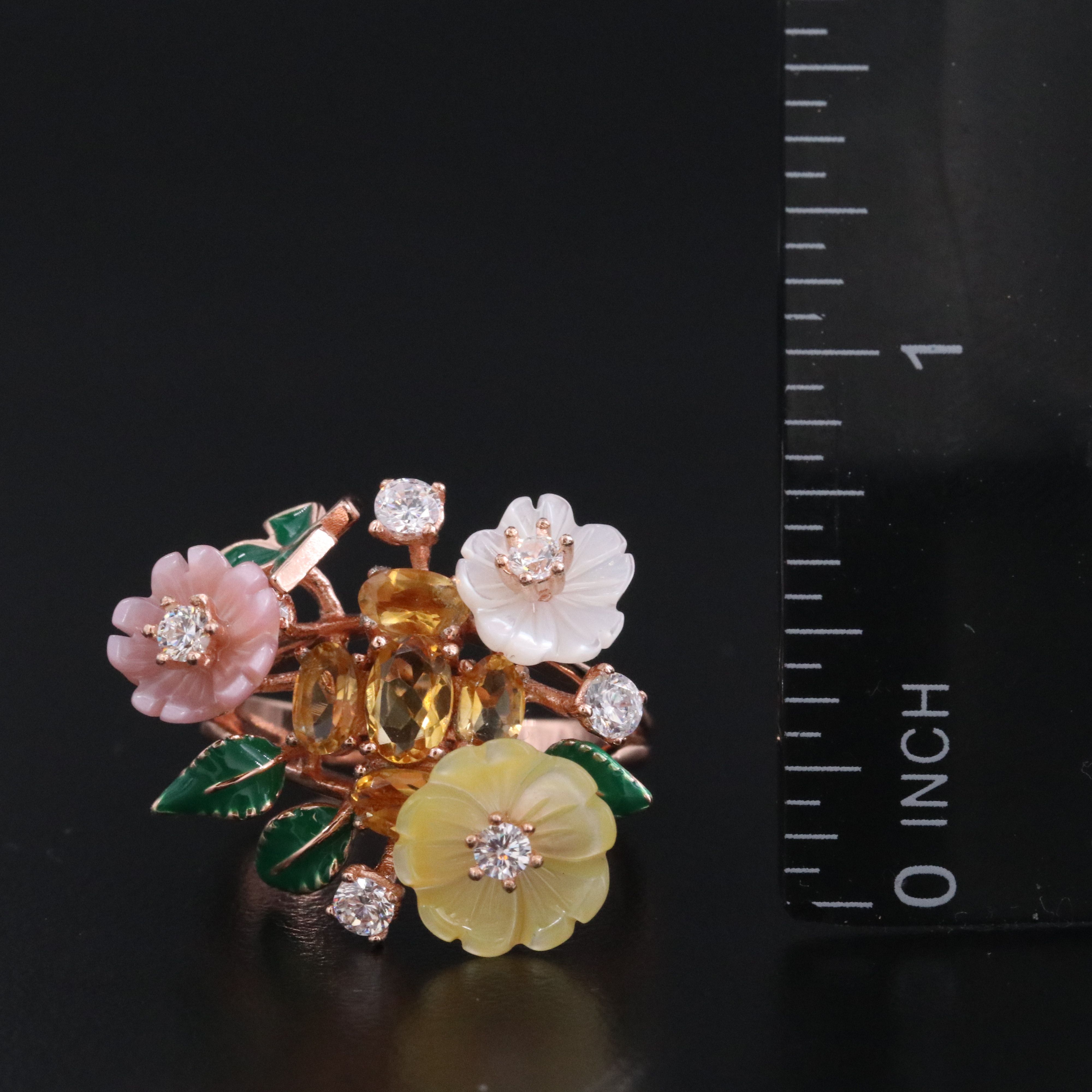 Sterling Carved Mother-of-Pearl and Gemstone Flower Ring