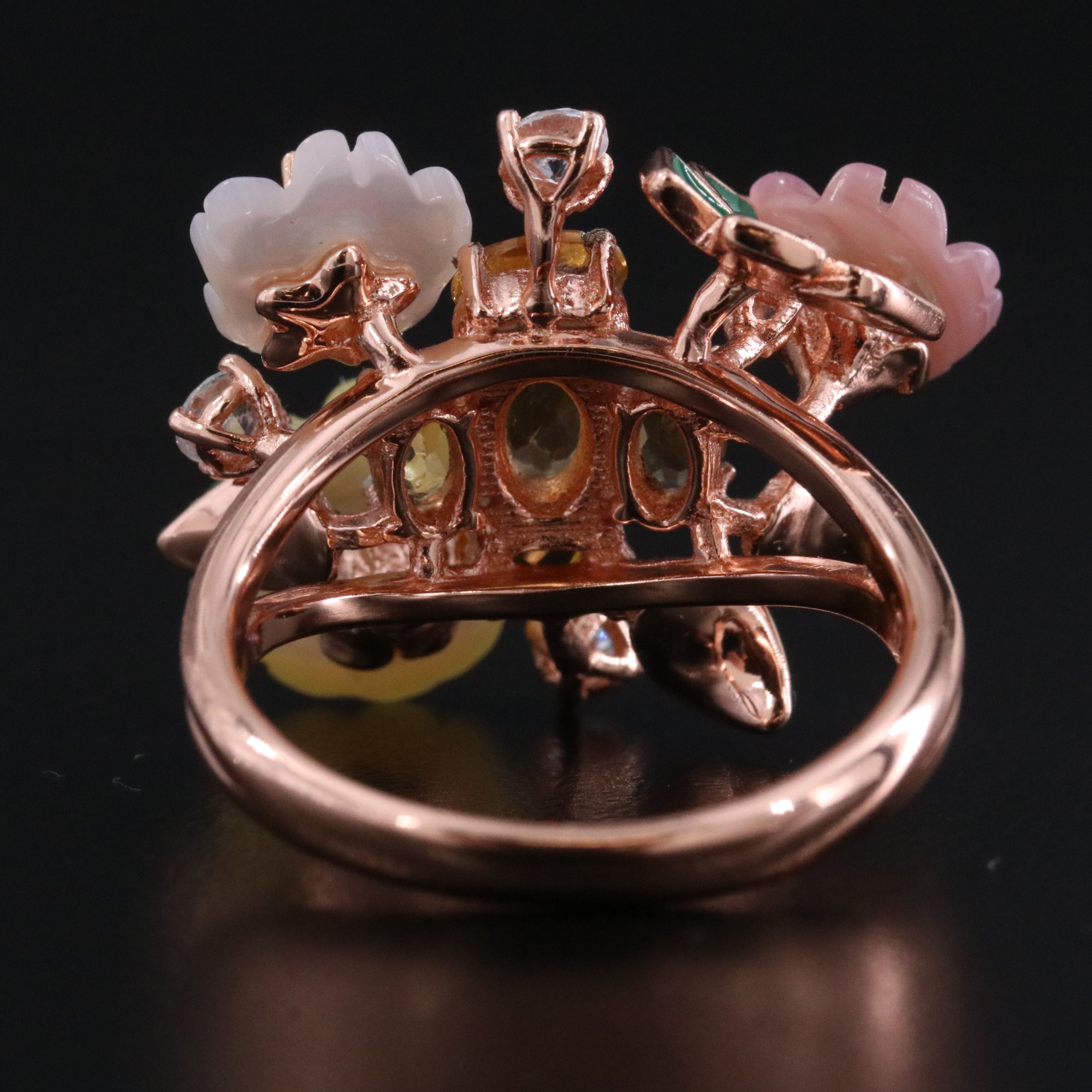 Sterling Carved Mother-of-Pearl and Gemstone Flower Ring