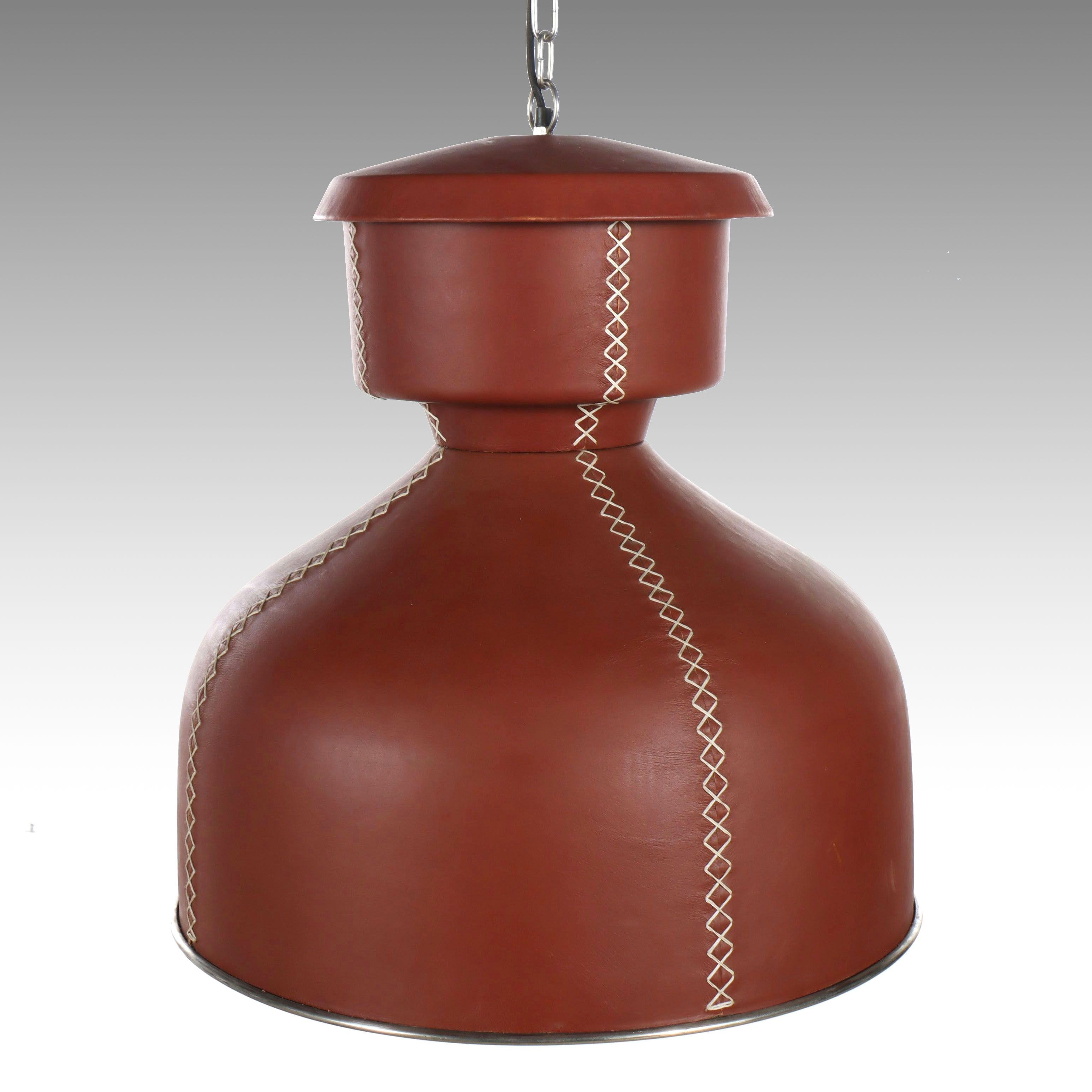 Leather Wrapped Metal Pendant Light with Contrast Stitching