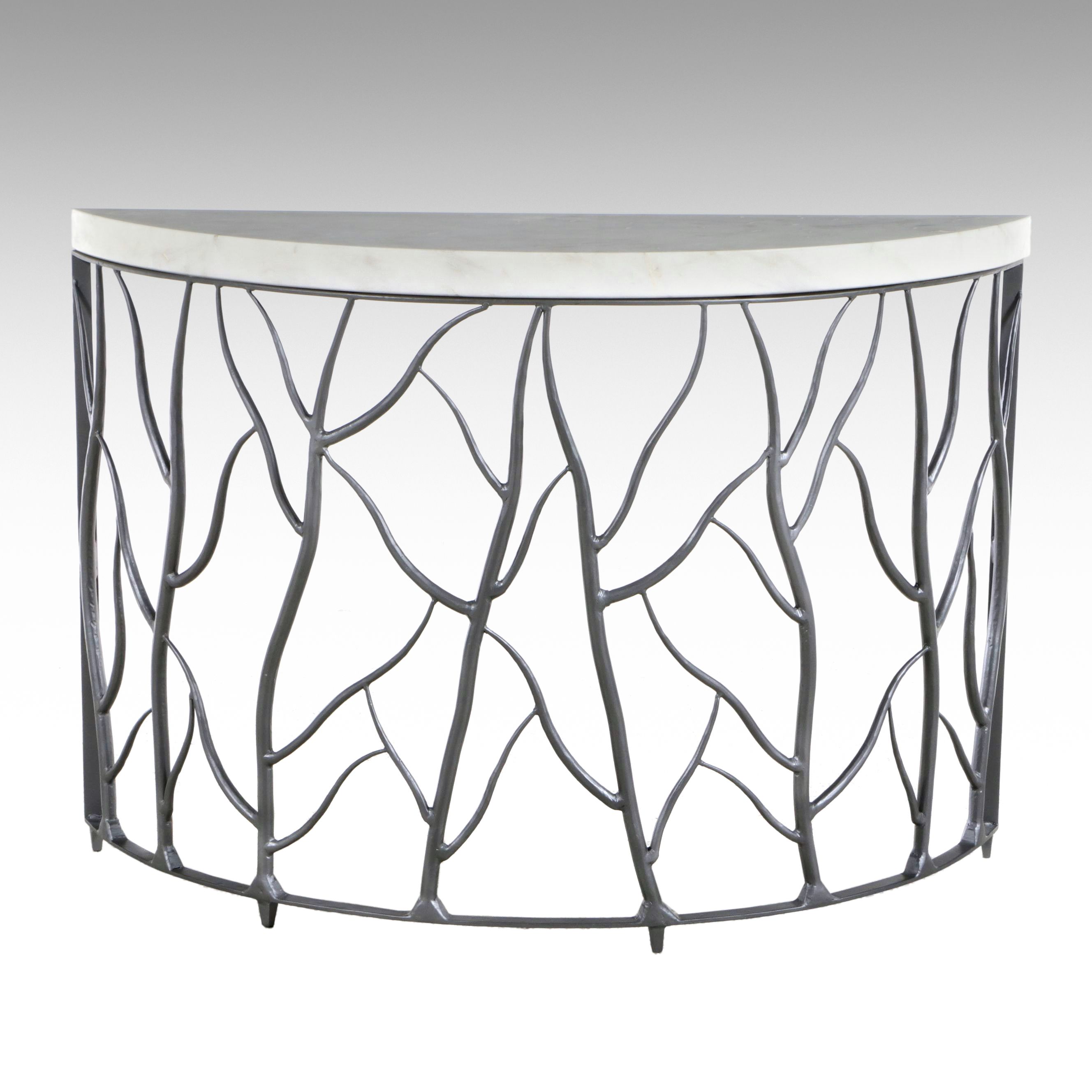 Contemporary Marble-Top Branch-Form Demilune Console Table