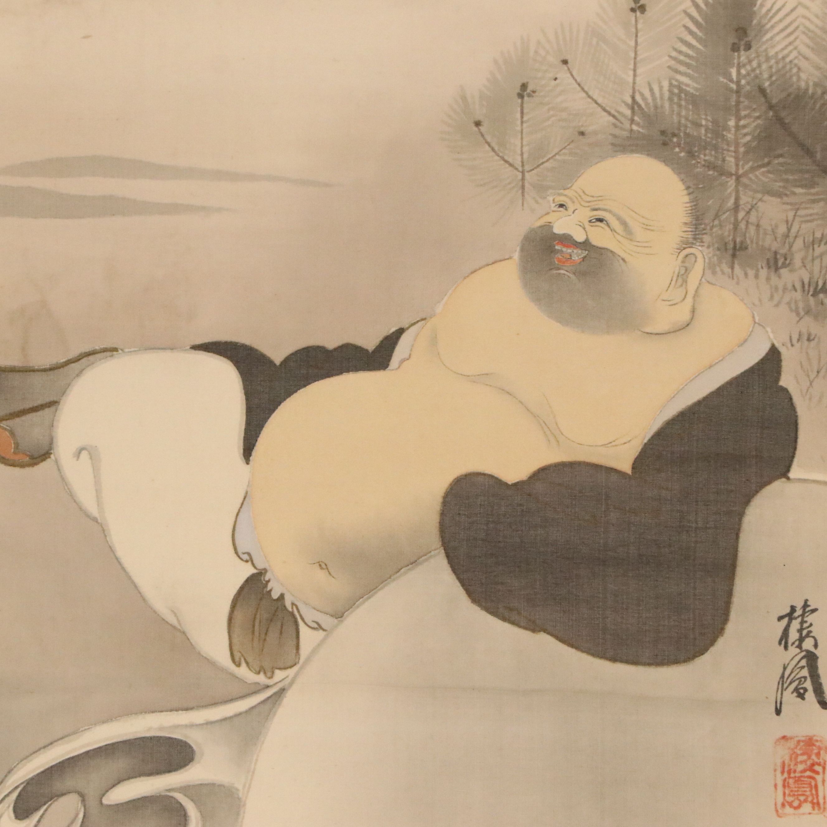 Japanese Ink and Watercolor Scroll Painting of Laughing Buddha
