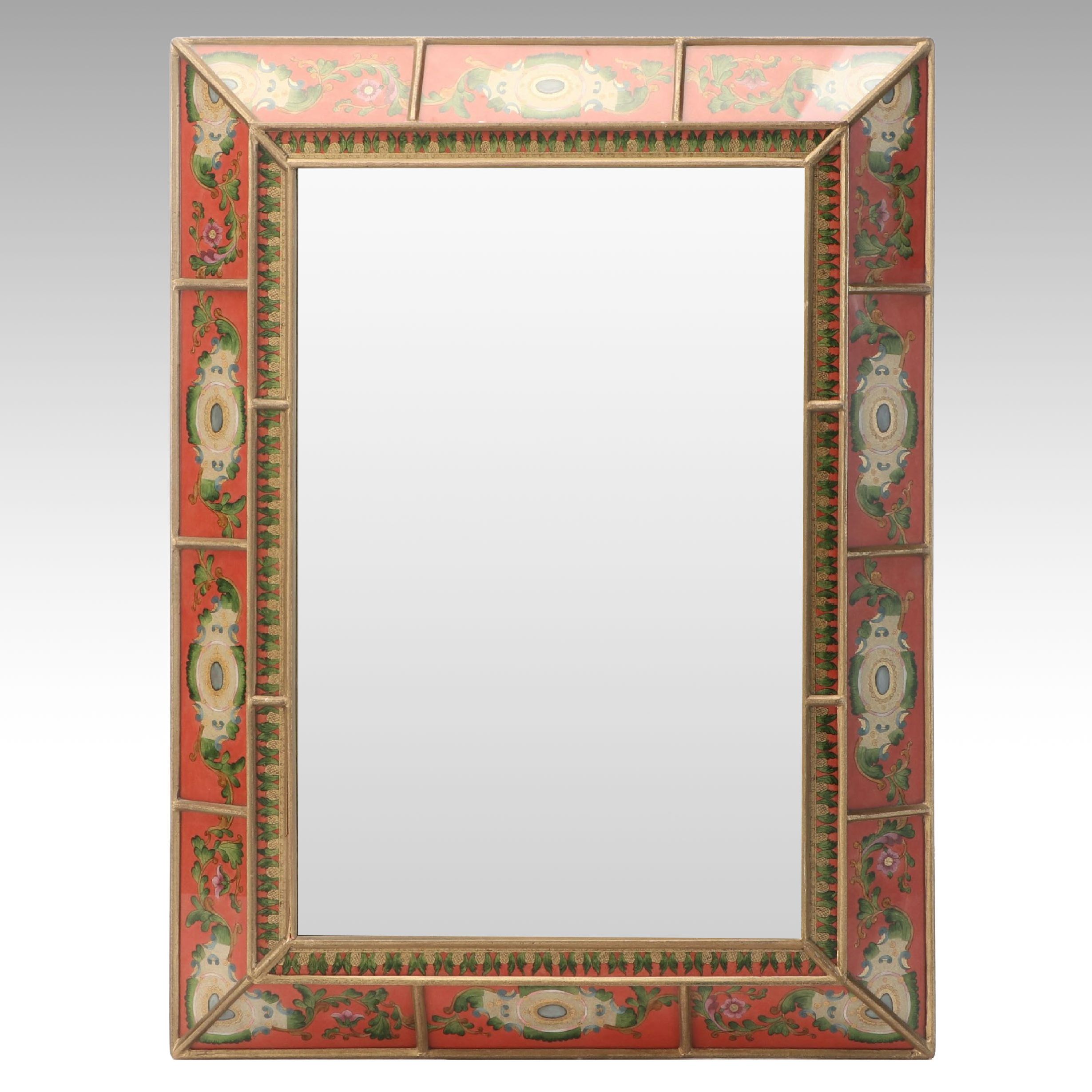 South Cone Peruvian Style Reverse Painted Glass Frame Rectangular Wall Mirror